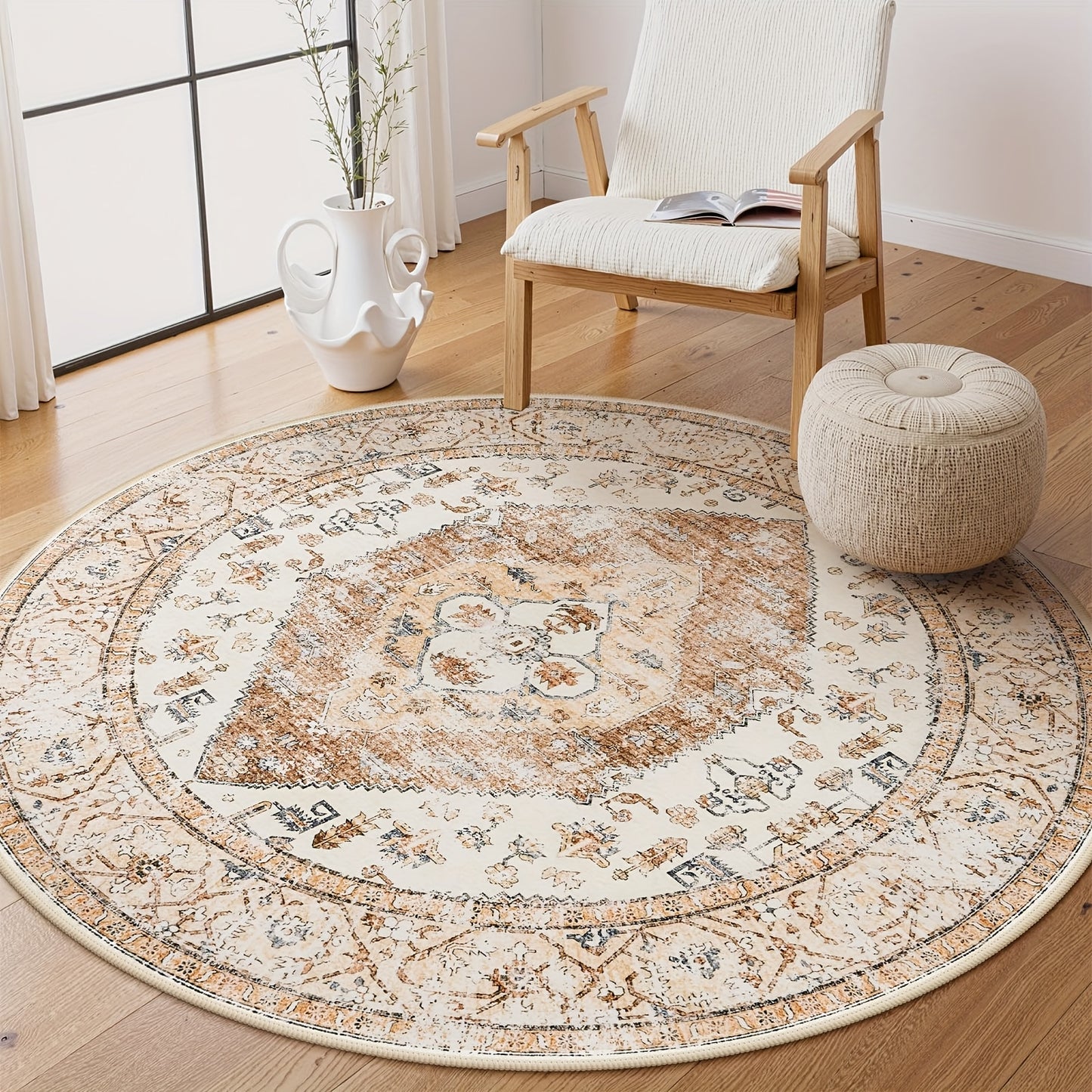 4ft Boho Round Area Rug, Machine Washable, Non-Slip, Lightweight Polyester Blend, Oriental Distressed Print, with Throw Rug for Bedroom, Living Room, Indoor, Entryway, Bathroom