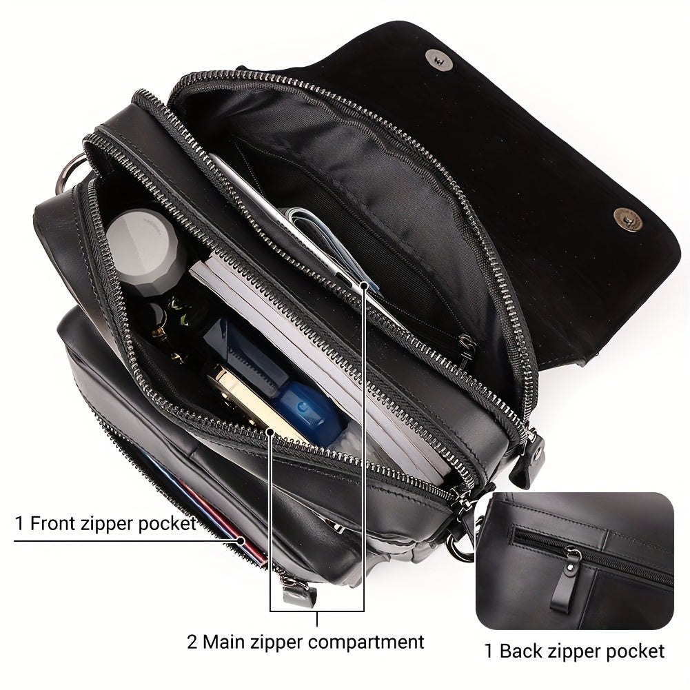 Men's Genuine Crazy Horse Leather Crossbody Bag - Adjustable Shoulder Strap, Multiple Compartments, Black Messenger Bag for Outdoor Travel & Business
