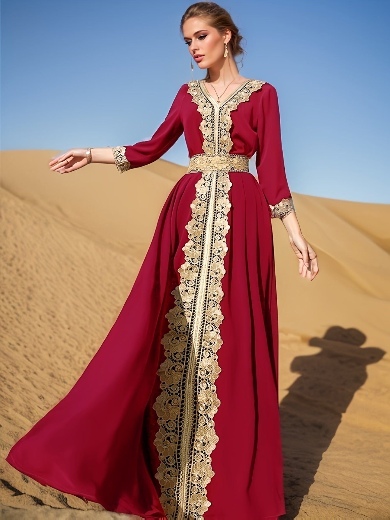 Elegant Golden Contrast Lace Detail Maxi Palestinian Abaya - V-Neck, Long Sleeve, Polyester, Formal or Evening Wear for Women, Formal Occasion Attire | Lace Detailing | Polyester Fabric
