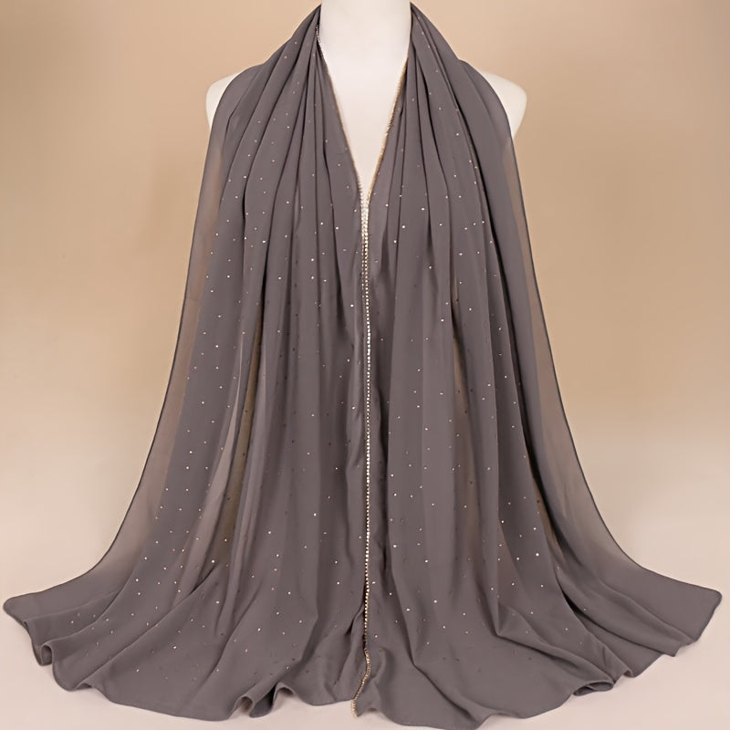 1pc Lightweight Breathable Chiffon Scarf with Sparkling Rhinestone Trim