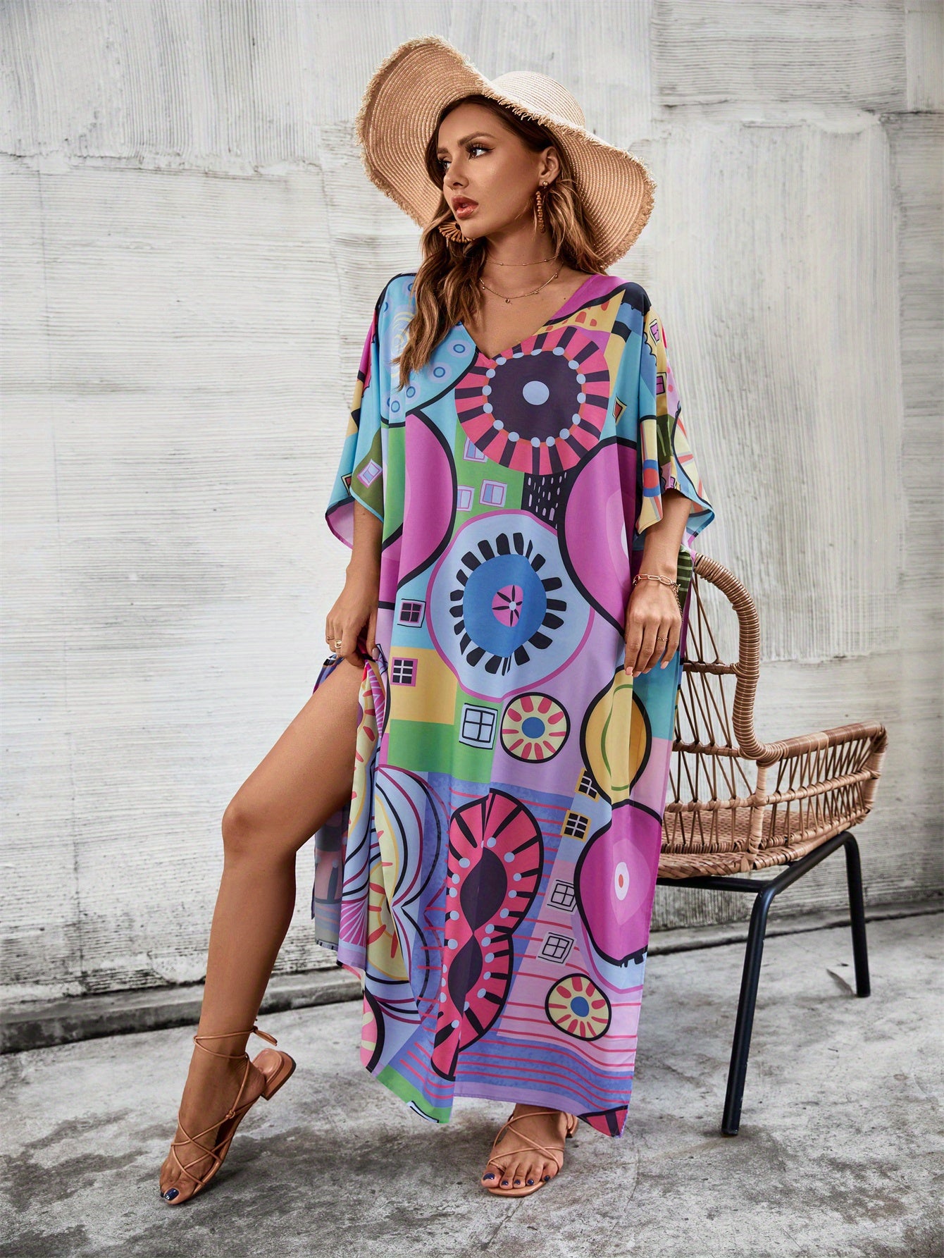 Plus Size Boho Chic Tropical Print Beach Kaftan - V-Neck, Batwing Sleeve Cover Up with Side Slit - Vibrant Geometric & Floral Design in Blue, Green, Pink & Purple - Perfect for Summer Vacations & Resort Wear, Bohemian Clothing
