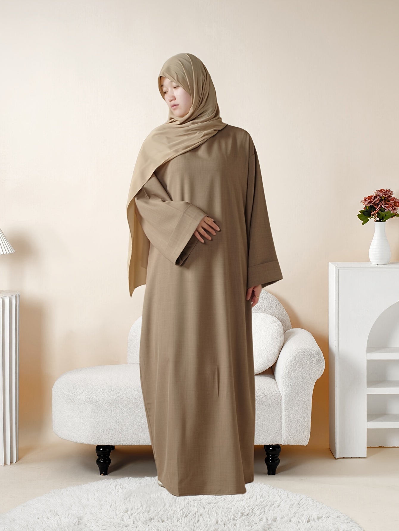 Plain Abaya with Pockets 2pcs Set Elegant Middle East Arab Islamic Muslim Style Shawl Robe Smock Ramadan Prayer Dress Long Skirt Jilbaab Abaya Women's Women Solid Color