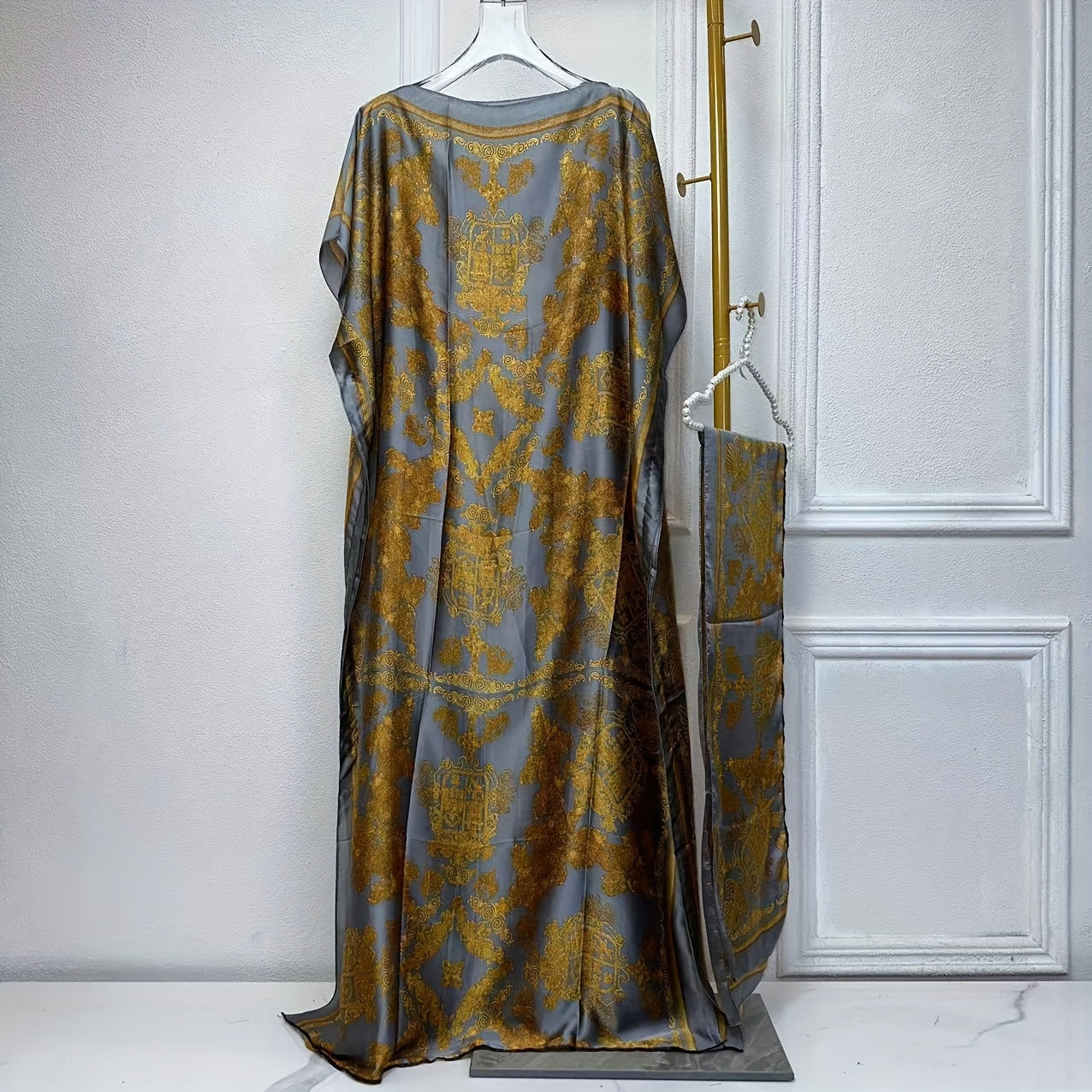 Lightweight Polyester Women's Kaftan Abaya Dress | Golden Floral Print Batwing Sleeve Loose Fit Maxi Dress, Middle Eastern-Inspired Spring Summer Fall Casual to Formal Wear with Scarf