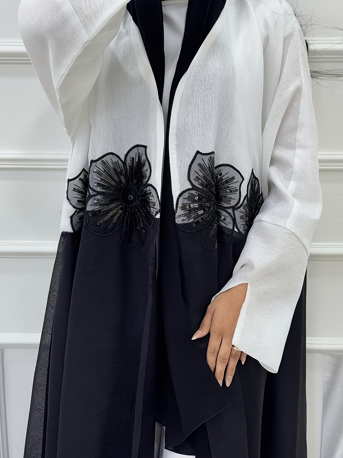 Elegant Modest Muslim Women's Abaya Robe with 3D Beaded Appliqués - Chic Open Front, Long Sleeve, High-Quality Fabric, Dark Blue & White Color Block, Loose Fit for All Seasons, Muslim Dress