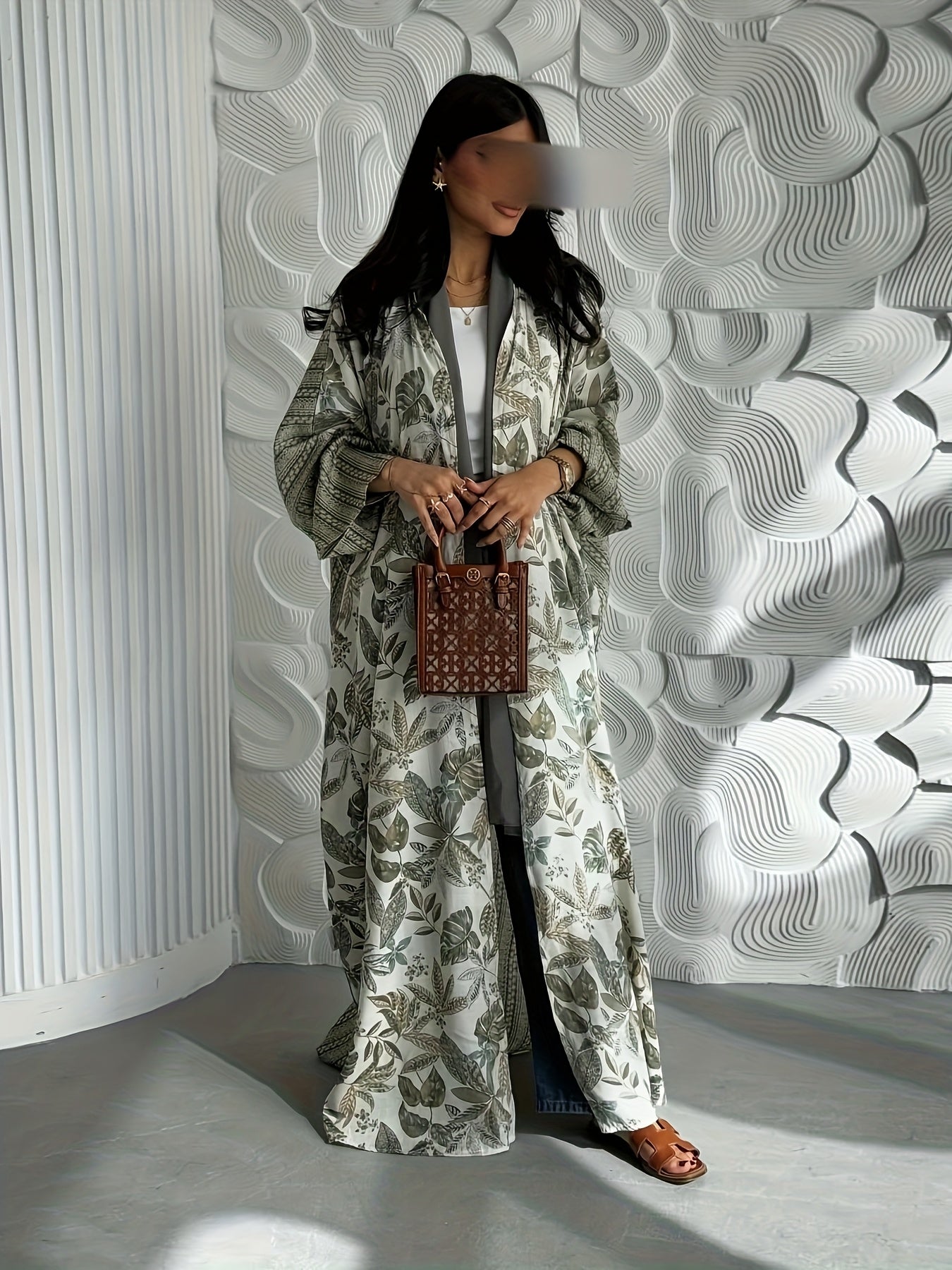 Elegant Floral Print Abaya - Lightweight Summer Modest Long Tunic with Open Front, Brown & White Design, Perfect for Casual or Formal Occasions, Casual Wear Abaya | Floral Abaya