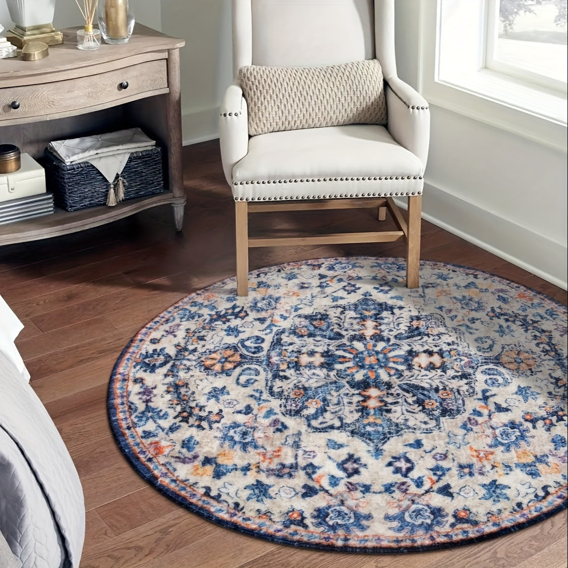 Bohemian Round Rug Bedroom Round Area Rug Soft Bathroom Circle Mat, Vintage Machine Washable Non Slip Low Pile Indoor Floor Carpet For Kitchen, Laundry Room, Entryway