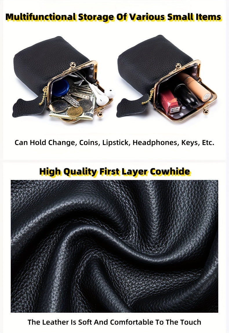 Vintage Genuine Leather Mini Bag Organizer with Secure Kiss Lock - Spacious Coin Purse, Key Holder, Earphone & Lipstick Case, Multi-Purpose Travel Cosmetic Pouch