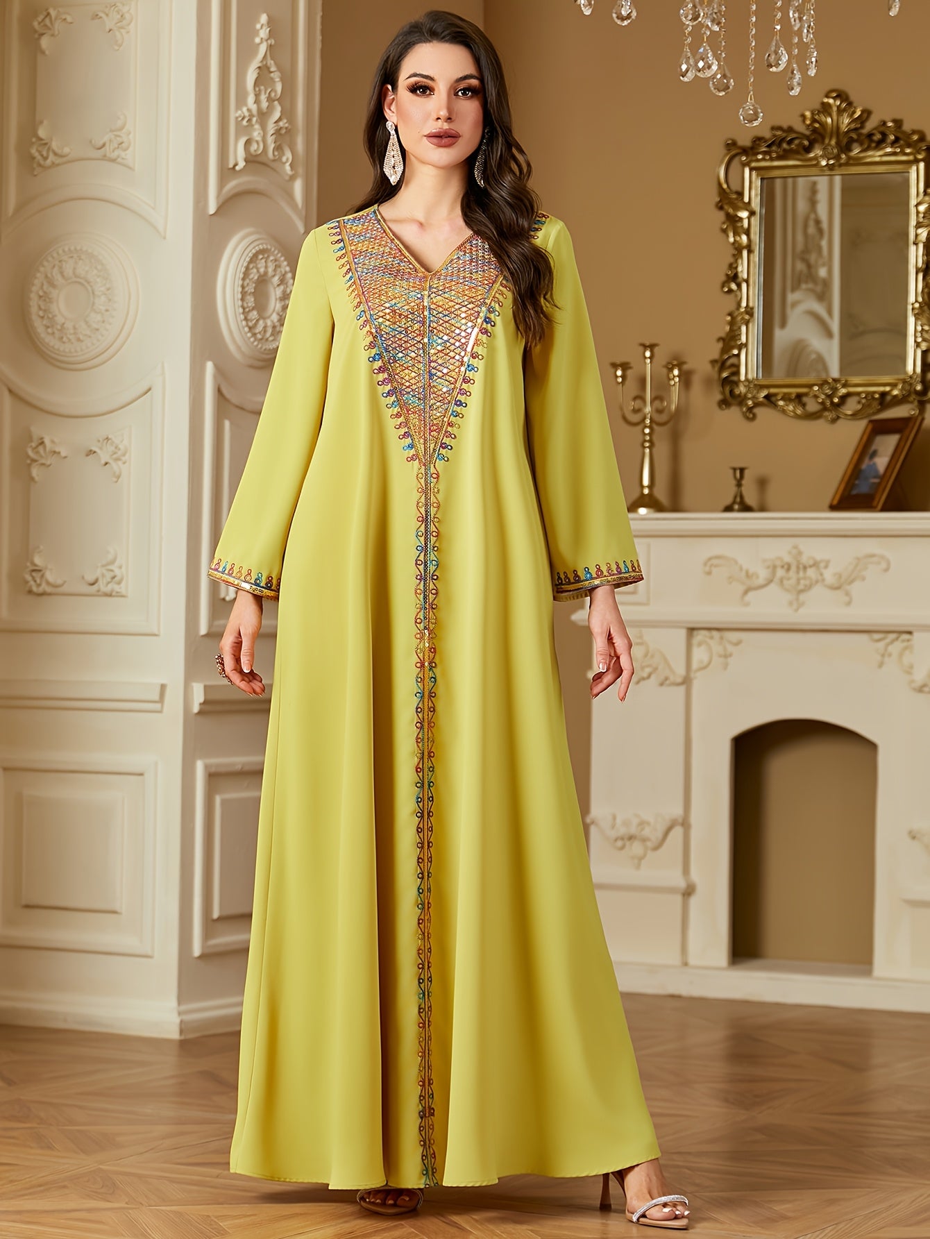 Elegant V-Neck Long Sleeve Kaftan Abaya with Sequin Detail - Polyester, Non-Stretch, Regular Fit for All Seasons