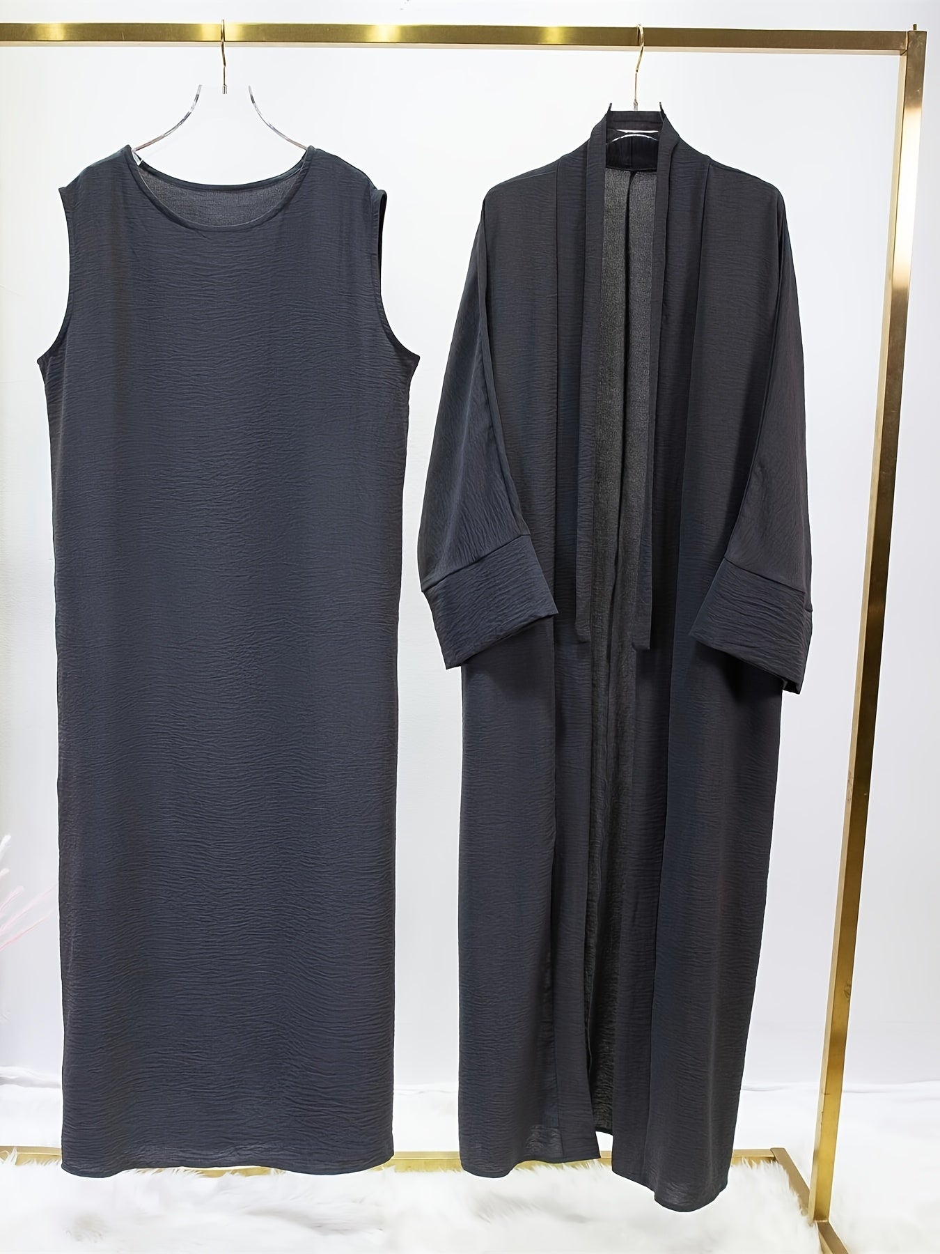 Ramadan Solid Color Modest Pakistani Abaya Set, Casual Crew Neck Sleeveless Tank Dress & Open Front Long Sleeve Tie Cardigan Outfits, Women's Clothing