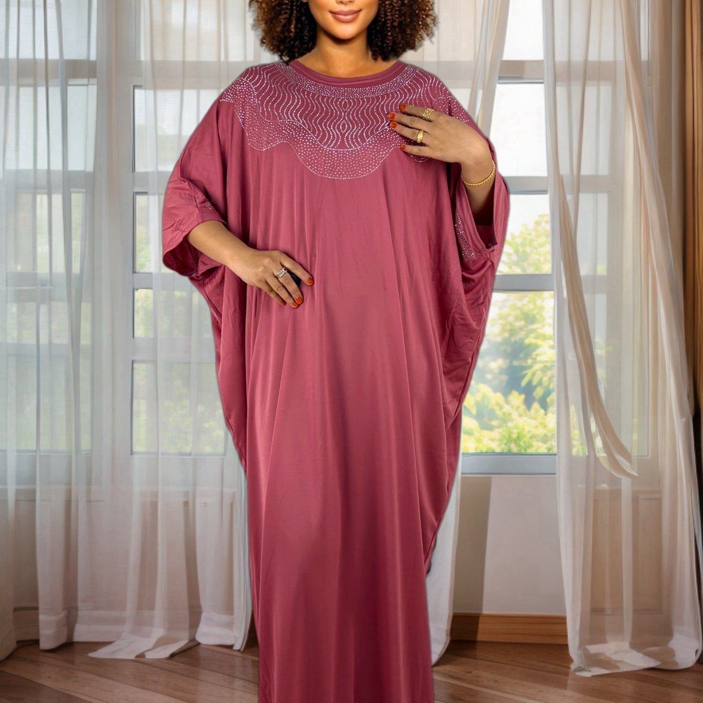 Plus Size, Women's African-Inspired Oversized Turkish Kaftan Abaya with Rhinestone Embellishments - 100% Polyester, Lightweight & Stretchy, Solid Color, All-Season Wear, Hand Wash/Dry Clean