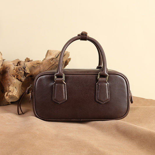 Celebrity Top Layer Cowhide Bowling Ball, Retro One Shoulder Leather Crossbody Boston Women's Bag, Large Capacity Handbag