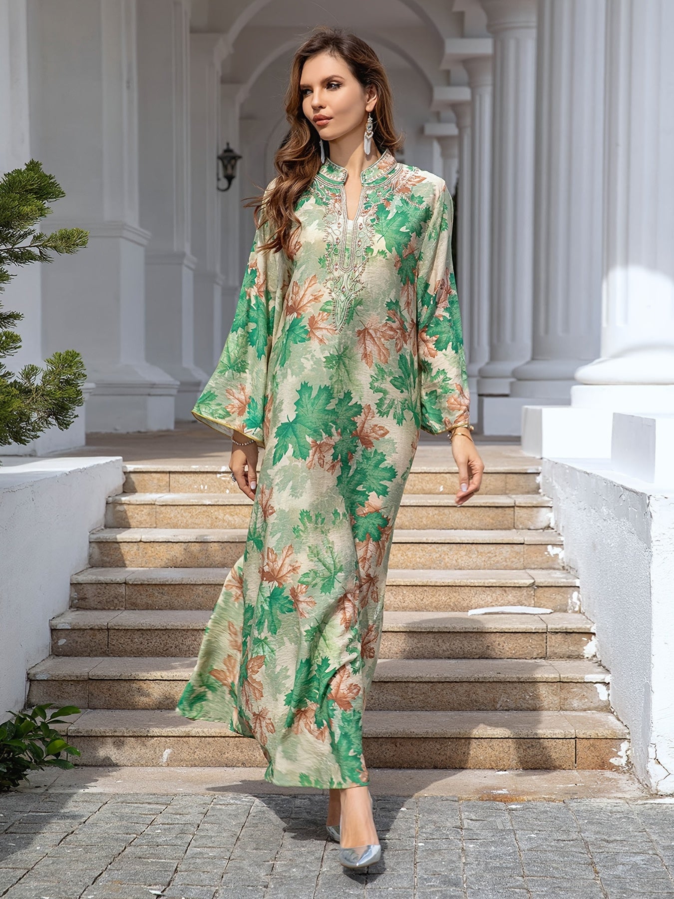 Women's Elegant Floral Baju Abaya Dress - Long Maxi robe with Flowy Loose Fit, Beige & Orange Floral Print Formal & Everyday Islamic Dress - Machine Washable Muslim Wedding Guest Outfit