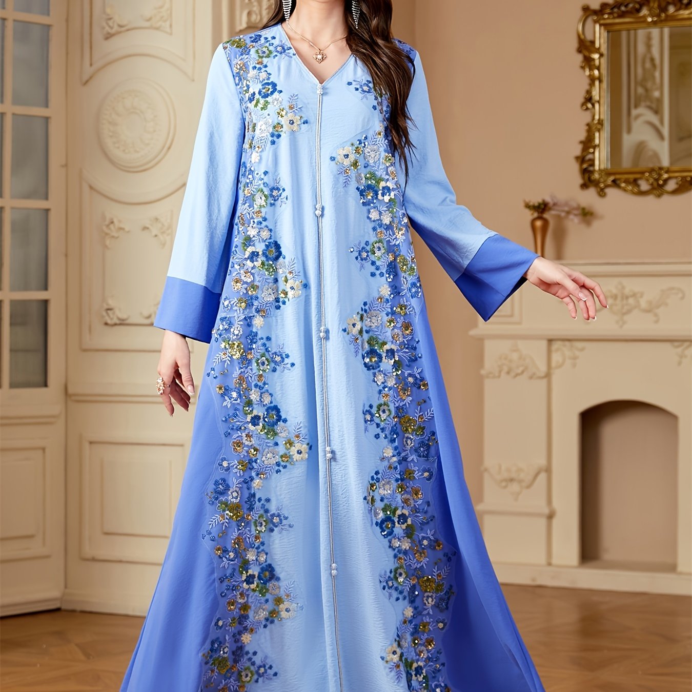 Muslim Women's Elegant Abaya Kebaya - Long Formal & Everyday Islamic Dress with Beaded Neckline, Non-Stretchy Long Sleeve Maxi, for Ramadan, Weddings, Hajj - Modest Wedding Guest Gown, Muslim Dress, Religious Event Attie