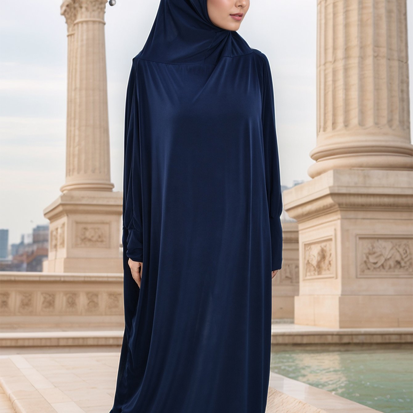 Muslim Women's Elegant Navy Blue Arab Abaya Burqa with Large Headscarf - Full-Body Coverage Long Sleeve Islamic Dress for Ramadan, Eid al-Fitr & Daily Wear - Modest Traditional Clothing