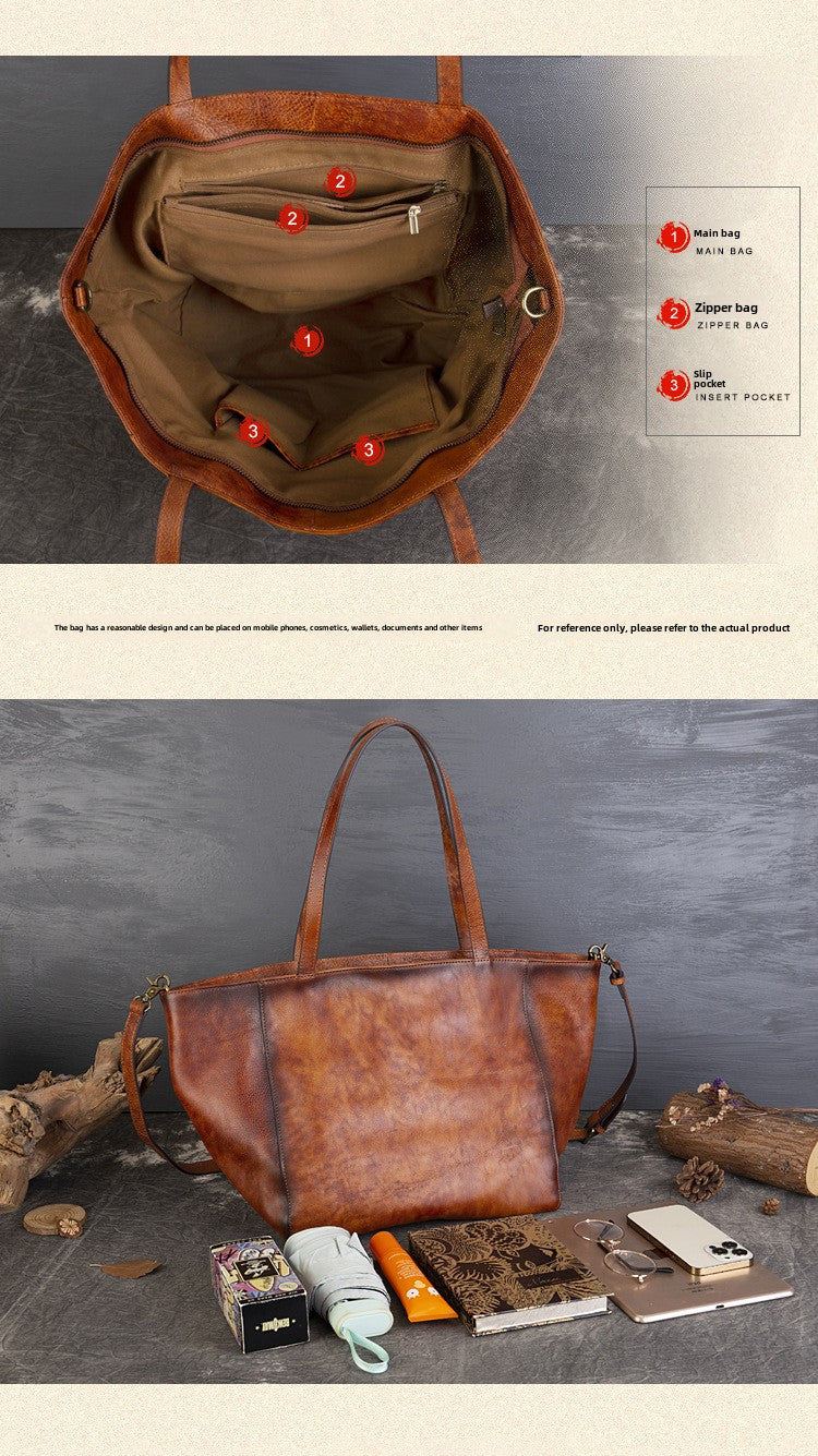 Tanned Cowhide Large Capacity Tote Bag, Genuine Leather One-Shoulder Cross-Span Bag Women's Large Bag Shopping Bag