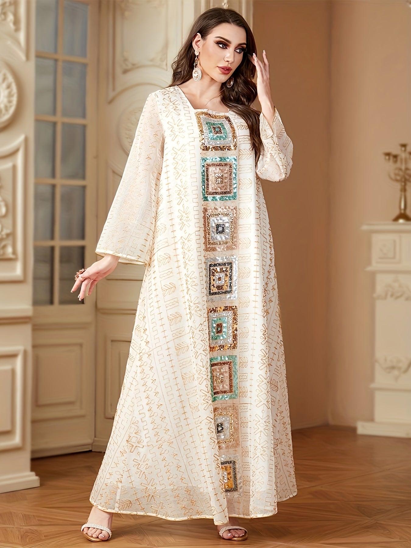Muslim Sequin Patchwork Dress Women's Jalabiya Ramadan Morocco Dubai Mesh Fashion Kebaya Loose Kaftan Abaya