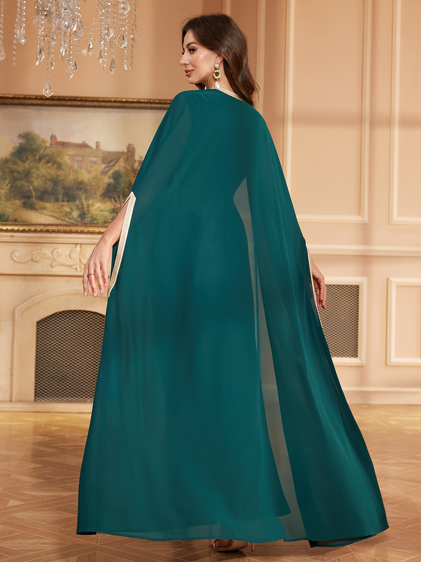 Arabian Middle Eastern Women's Long Abaya Dress Two-Piece Set, Embroidered Decoration, Chiffon V-Neck Dark Green, Elegant and Luxurious Court Style
