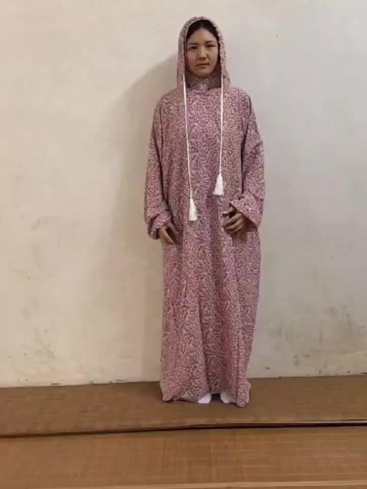 Women's Middle Eastern Eid Prayer Robe - Floral Print Loose-Fit Abaya with Lantern Sleeves & Drawstring Hood, Machine Washable H-Line Traditional Islamic Dress for Eid al-Adha & Daily Wear