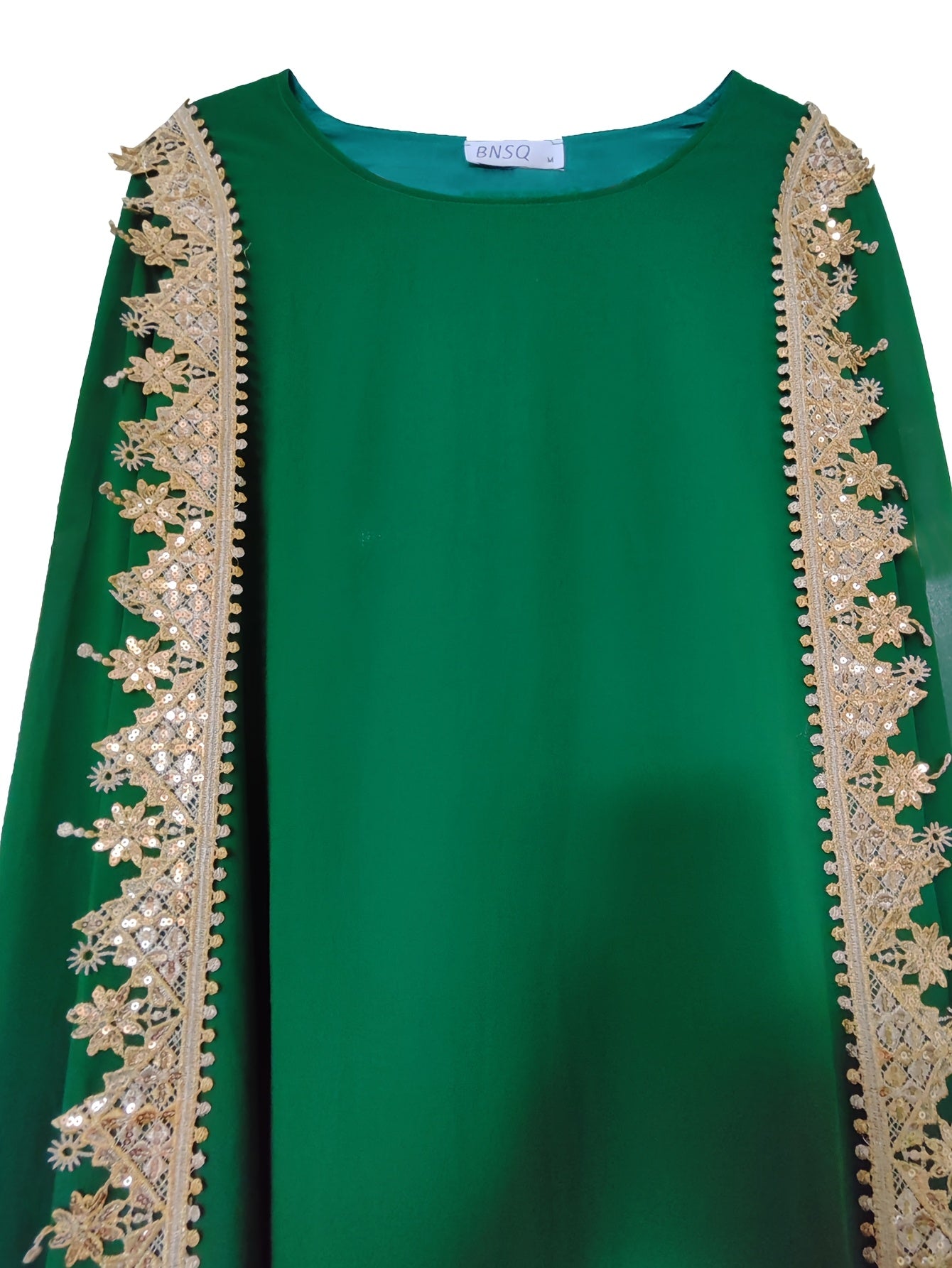 Middle Eastern-Inspired Emerald Green Sequin-Trimmed Lace Embroidery Robe Modern Abaya - Long Sleeve A-Line Gown with Golden Accents, Machine Washable Formal & Casual Wear