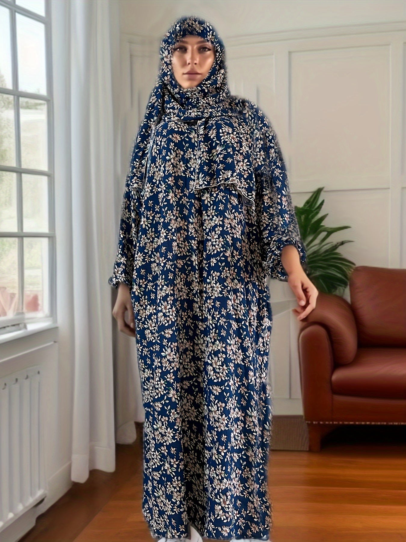 Ramadan Plus Size Floral Print Modest Jibab Abaya Dress, Modest Long Sleeve Maxi Dress With Hijab, Women's Plus Size Clothing