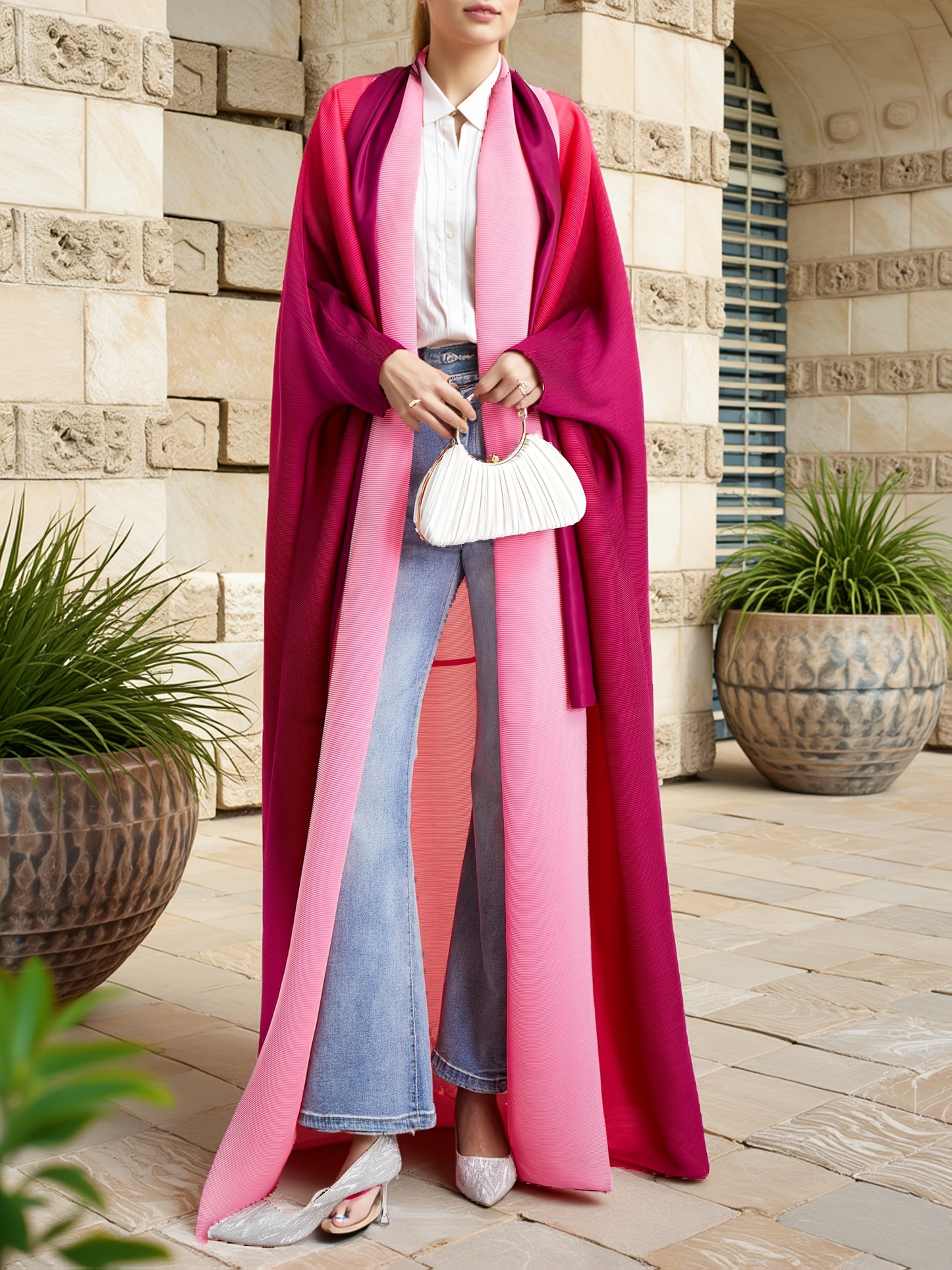 Elegant Plus-Size Gradient Emirati Abaya Robe with Batwing Sleeves - Pink to Purple Transition, Pleated Trench Coat with Lace-Up Detail, High-Stretch Polyester, Machine Washable for Women