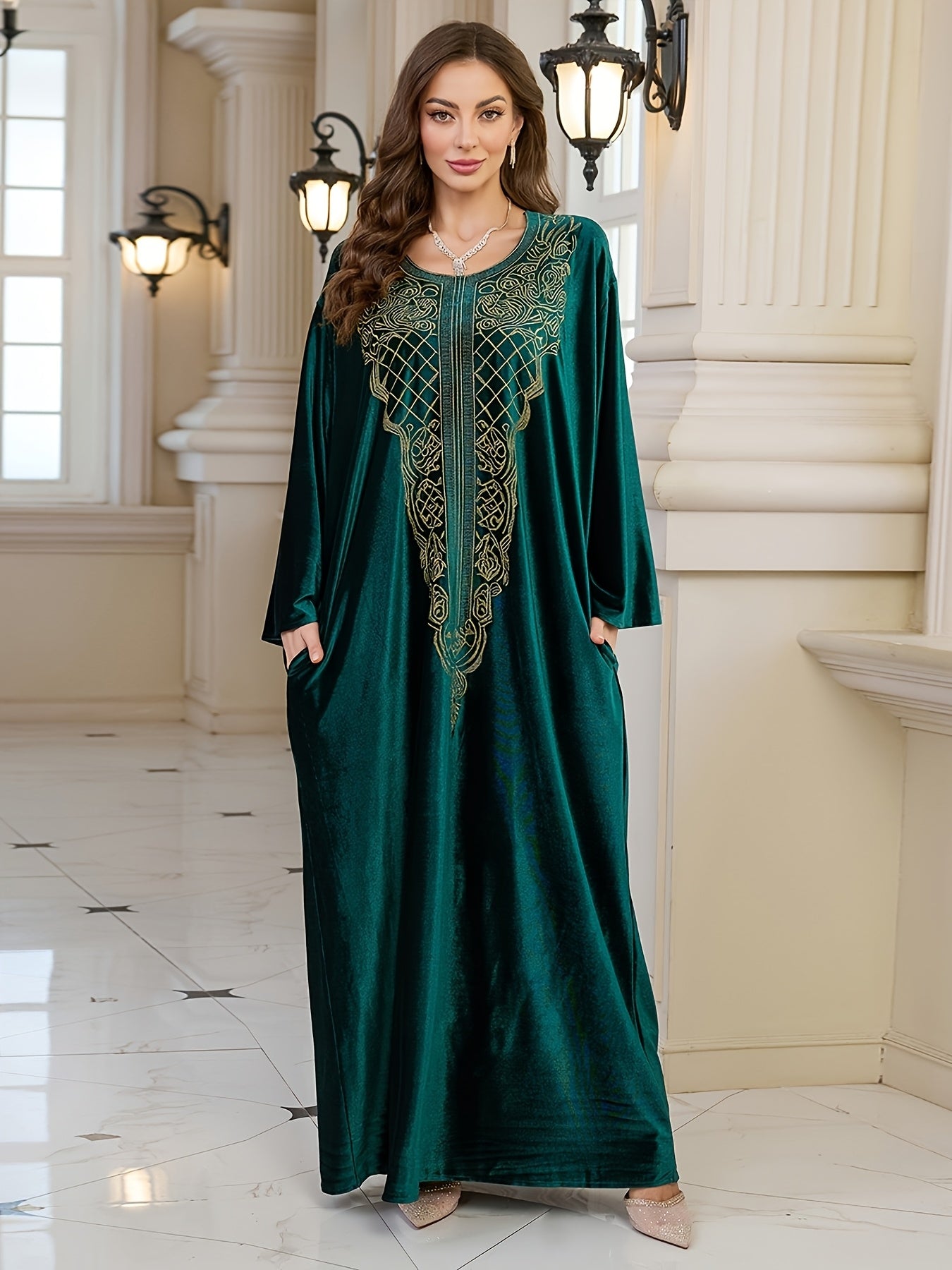 Plus Size - FY Ladies Elegant Embroidery Velvet Long Gown Loose Arabic Abaya Large Size Leisure Resort Beach Jacket Bikini Outerwear Cover-up