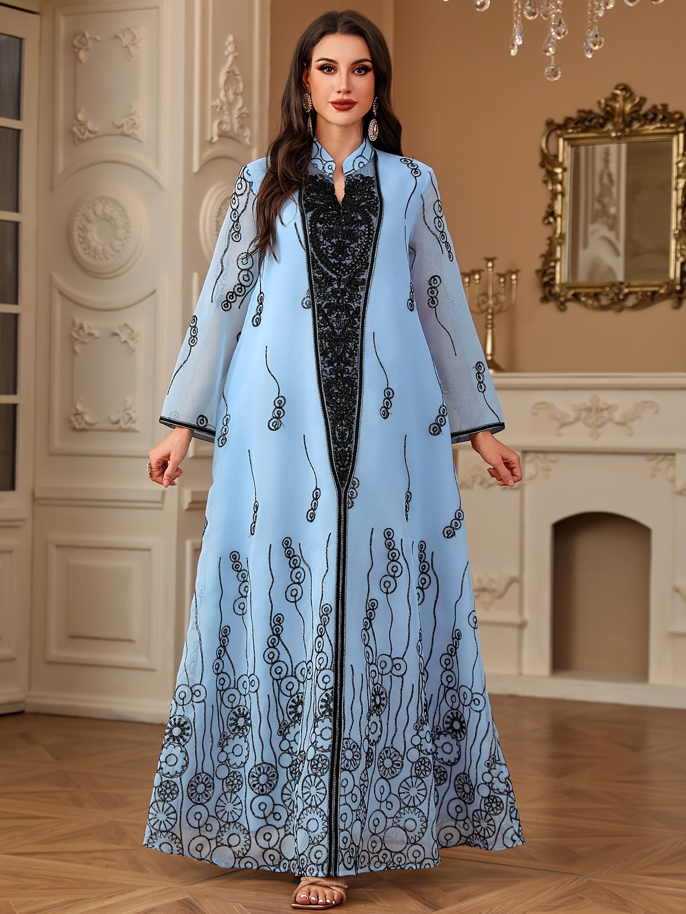Elegant Floral Sequin Embroidered Beaded Long Sleeve Kaftan Abaya Dress, 100% Polyester, Non-Stretch Woven Fabric, Regular Fit, All Seasons, Contrast Detail, 120Gsm