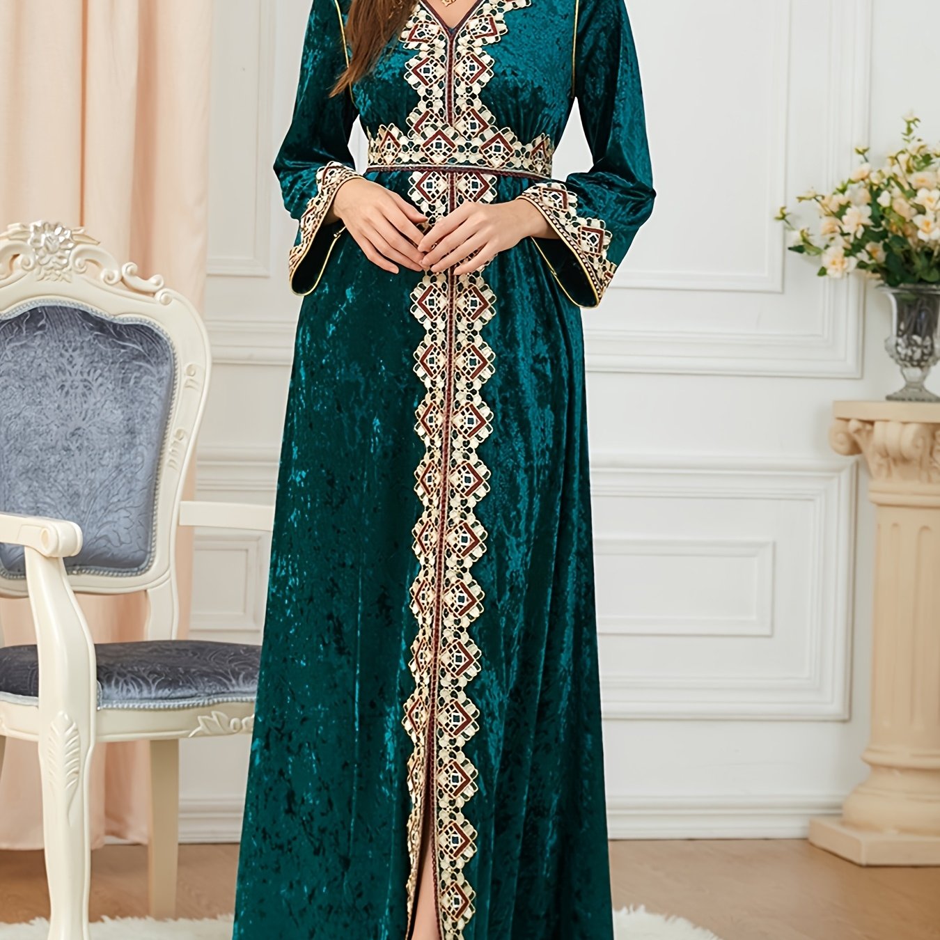 Women's Elegant Velvet Embroidery Abaya Kaftan - Long Sleeve V-Neck with Adjustable Waist Belt, A-Line Silhouette & Flared Hem for Modest Moroccan Turkish Arab Style