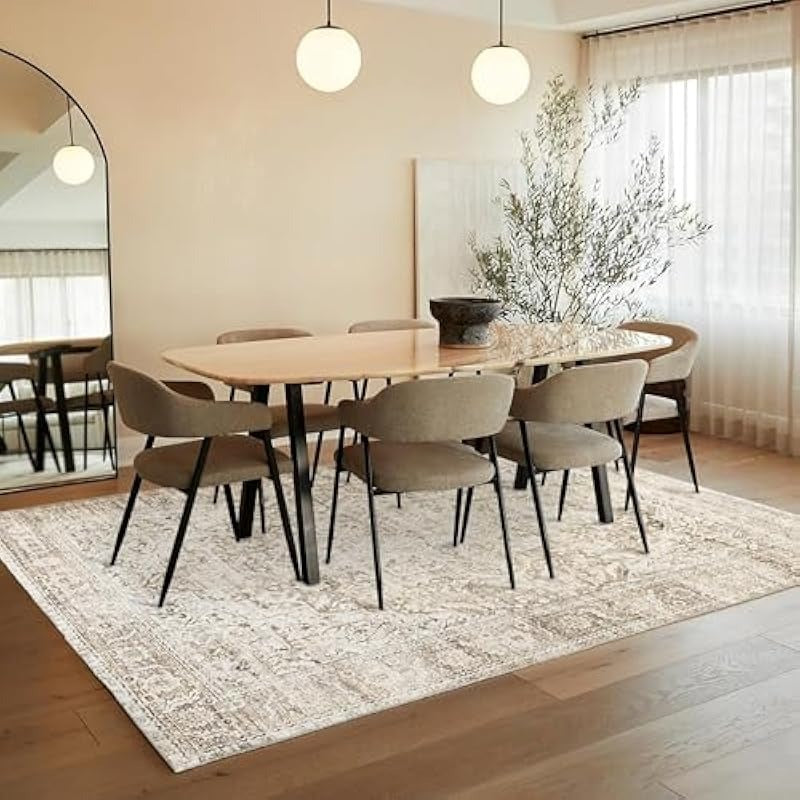Boho Neutral Living Room Rug, Vintage Rustic Earth Tone Modern Farmhouse Style Easy to Clean Stain Resistant Area Rugs for Bedroom Dining Room Light Tan Brown and Beige