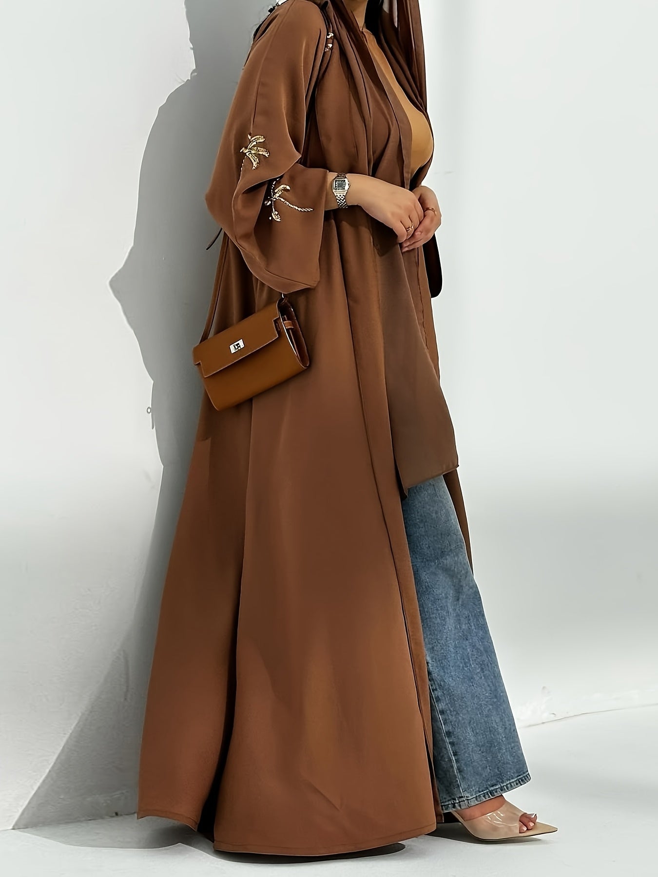 Elegant Brown Kimono Abaya with Golden Embroidery - Modest Long Dress for Women, Perfect for Casual Outings, All-Season Comfort, Casual Abaya | Elegant Abaya | Sequin Embroidery