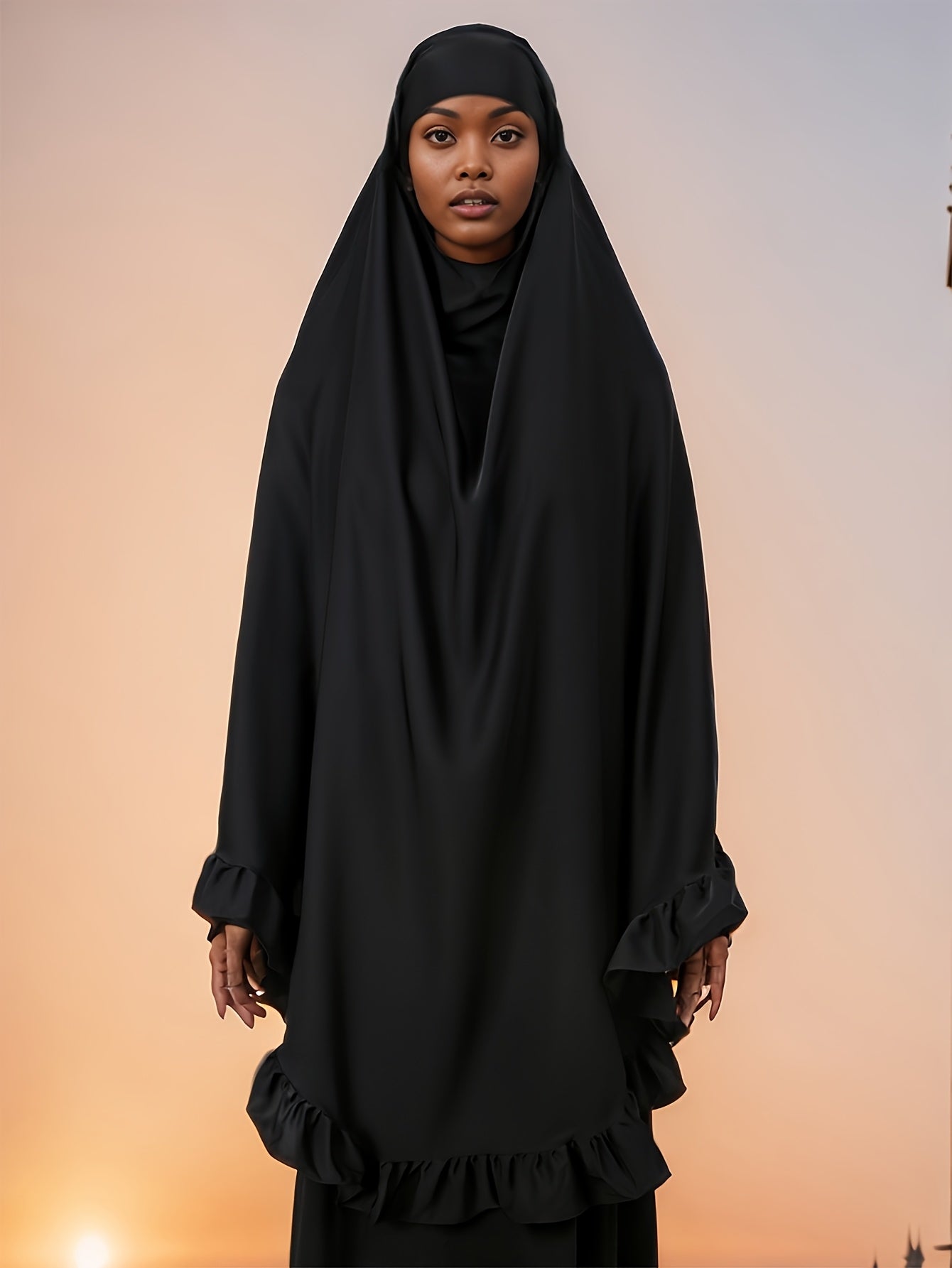 1pc Muslim Prayer Khimar Abaya Burqa - Arabian Style Modest Covering with Ruffled Hem & Wooden Edge, Machine Washable All-Season Solid Color Brown Hijab Scarf, Prayer Shawl for Women