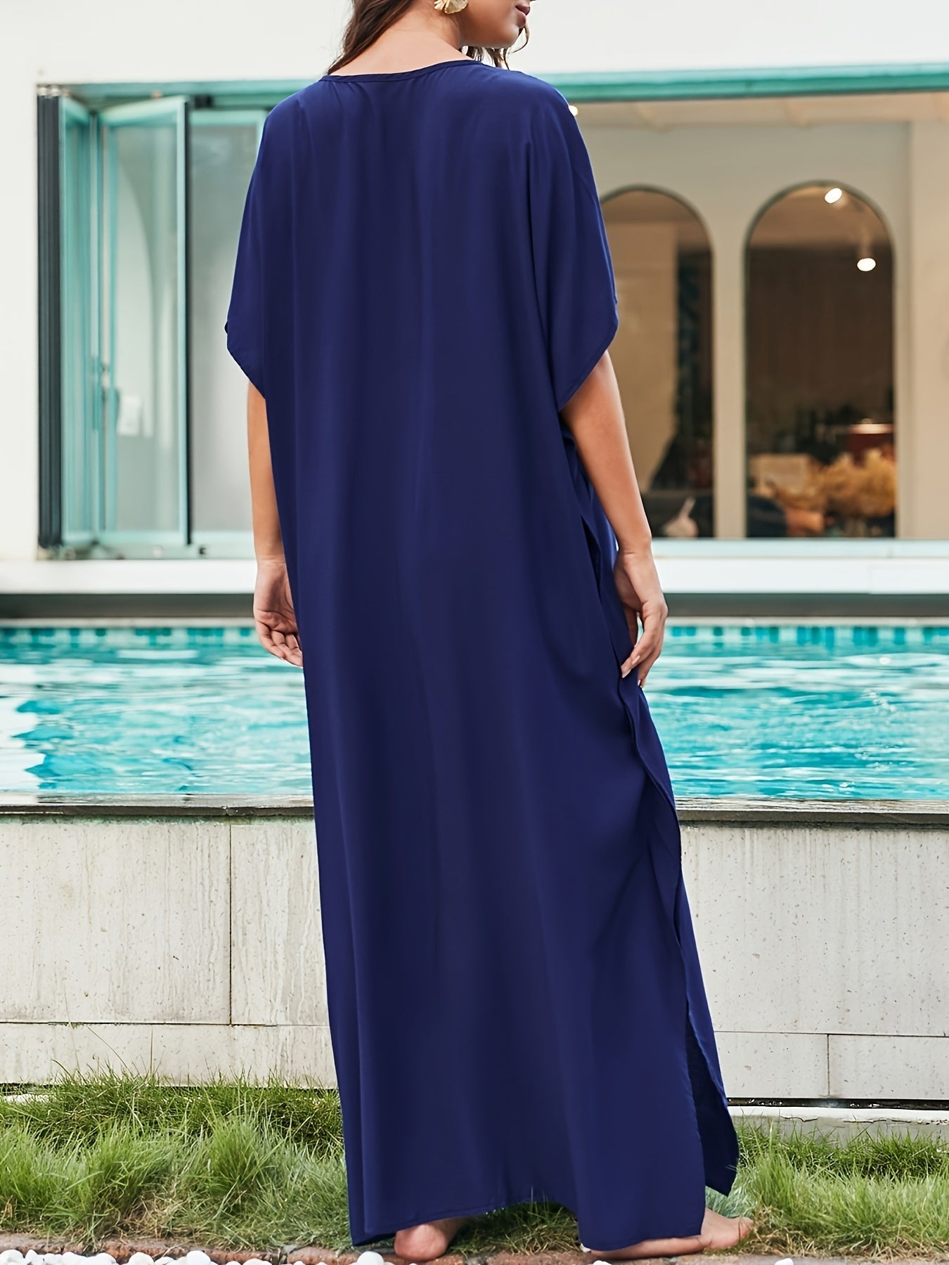 Swimsuit Coverup Embroidered V-Neck Kaftan Plus Size Summer Long Dress