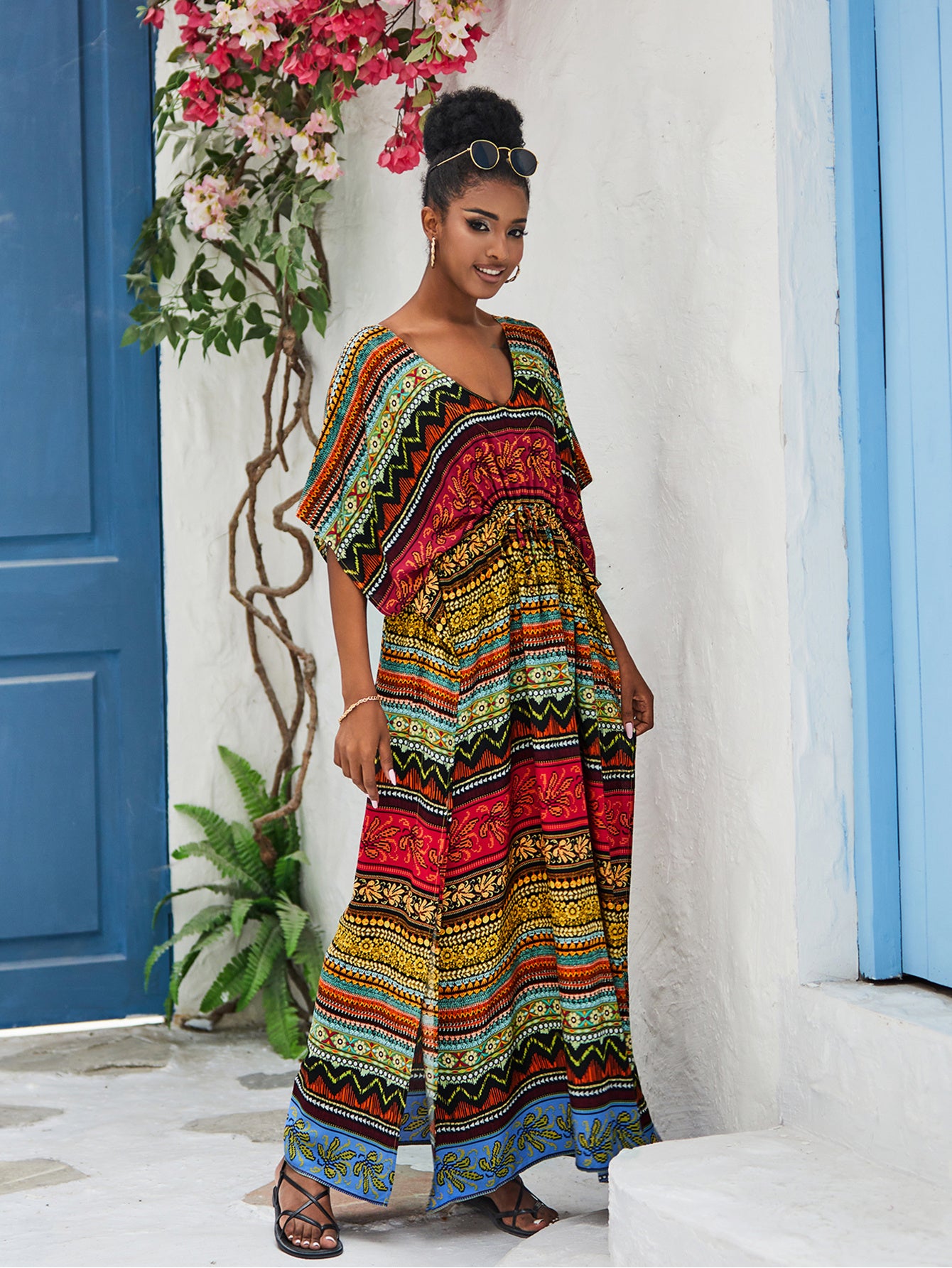 Boho Chic Arabic Dress - Monochrome Stripe Swimsuit Cover Up, Long Split Side Kaftan with V-Neck for Beach Wedding & Vacation