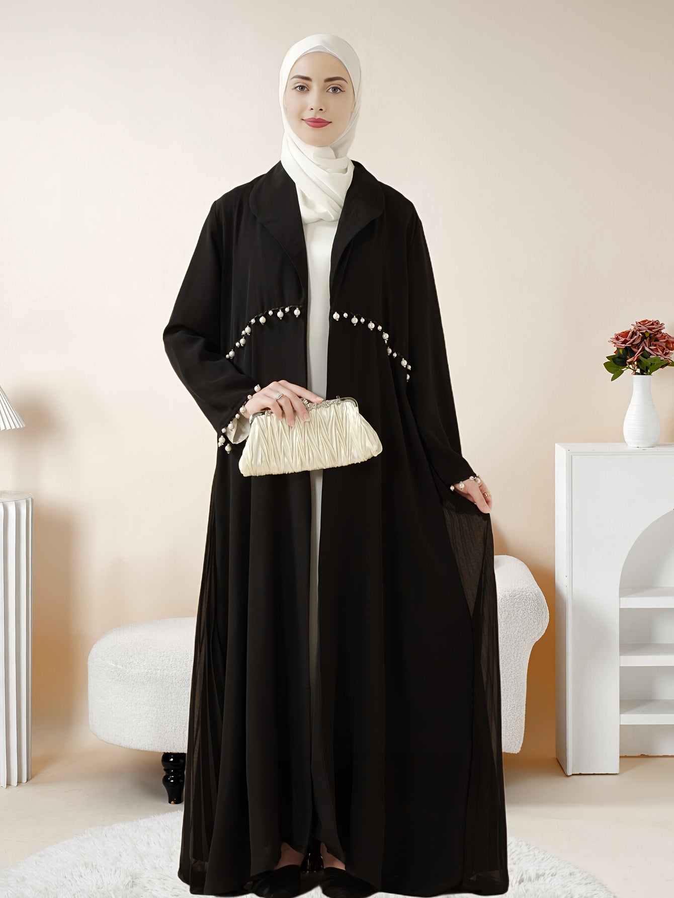 Elegant Pearl-Embellished Black Emirati Abaya with Ruched Detail - Long Sleeve, Floor-Length, Summer Wear for Women, Versatile Fashion|Ruched Abaya|Pearl Embellishments