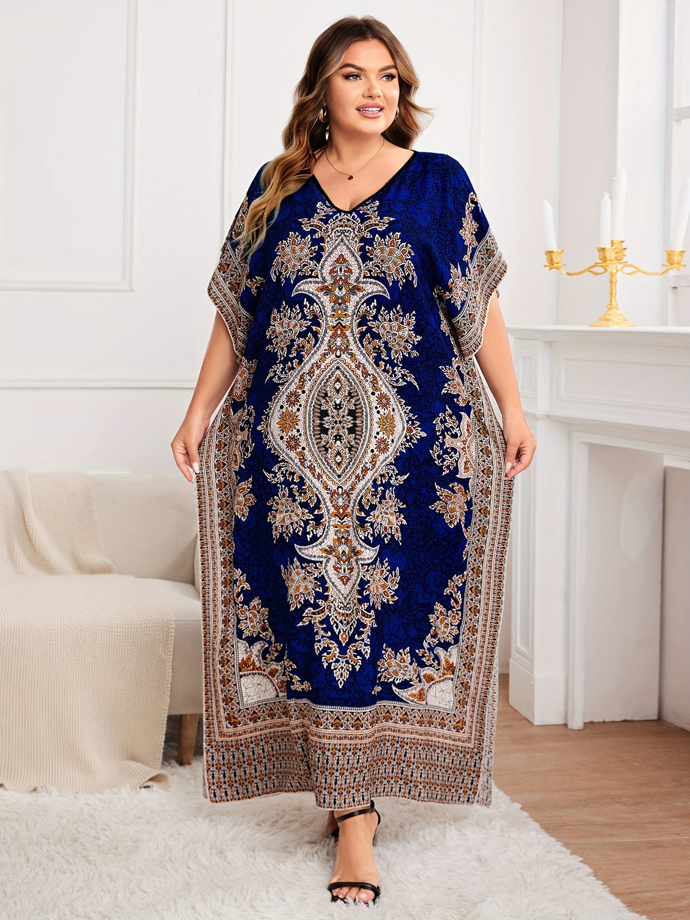 Plus Size, European and American Plus Size Women's Bohemian Vacation Dress with Middle Eastern Kaftan Abaya Style