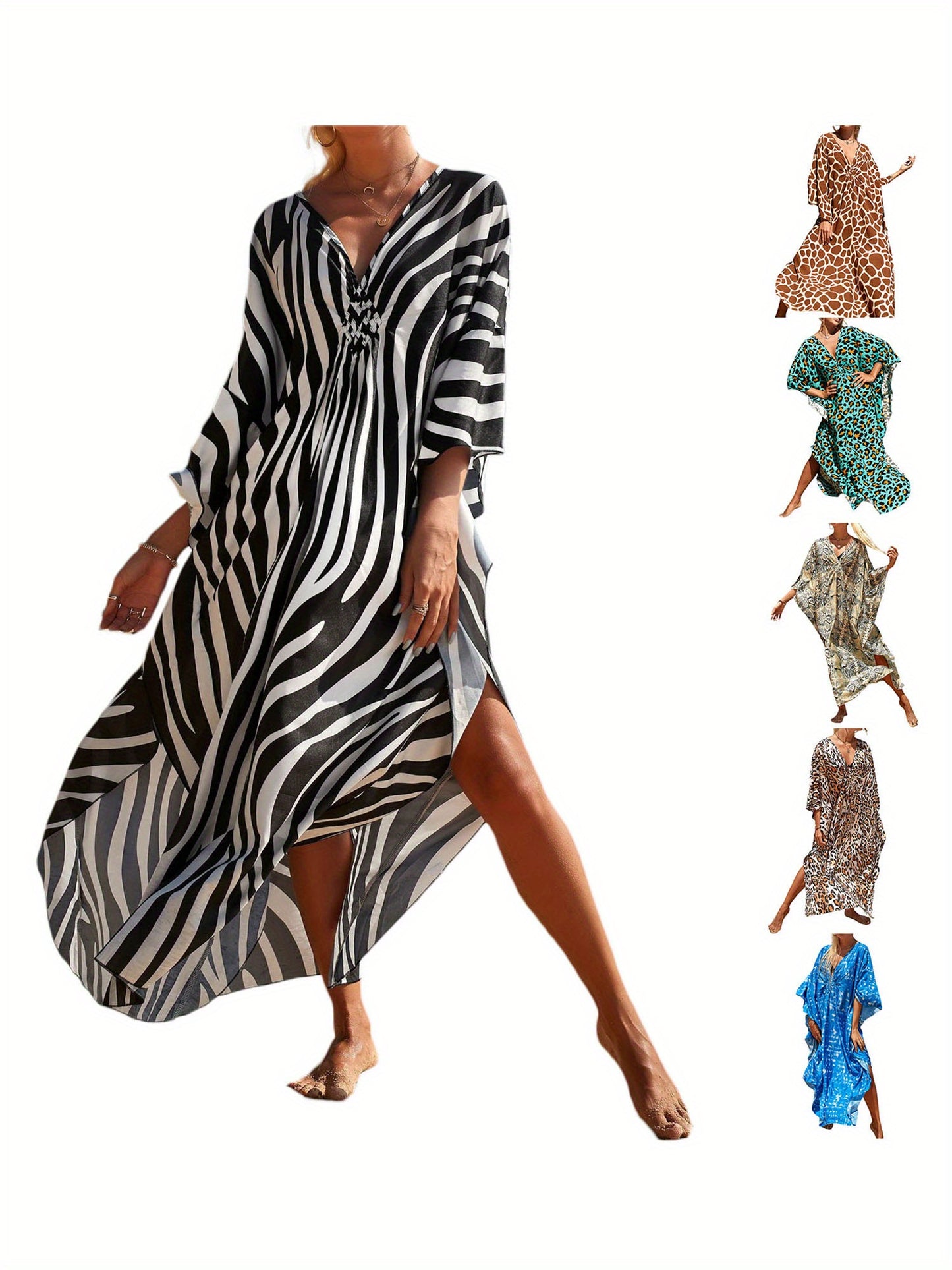 Women's Plus Size Viscose Kaftan Bikini Cover Up Dress - Casual V-Neck Long Sleeve Beach Sun Protection Smock with Random Print Design for Summer Outings, Casual Wear | Patterned Kaftan | Viscose Fabric