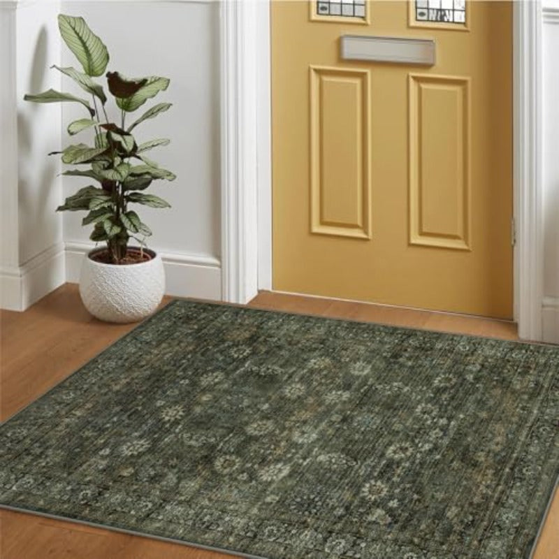 Green Boho Washable 3x5 Kitchen Rug Non SlipVintage Indoor Mats for Entryway Low Pile Small Rugs for Bedroom Throw Carpet for Entrance Bathroom Laundry Room Home Decor 3 x 5