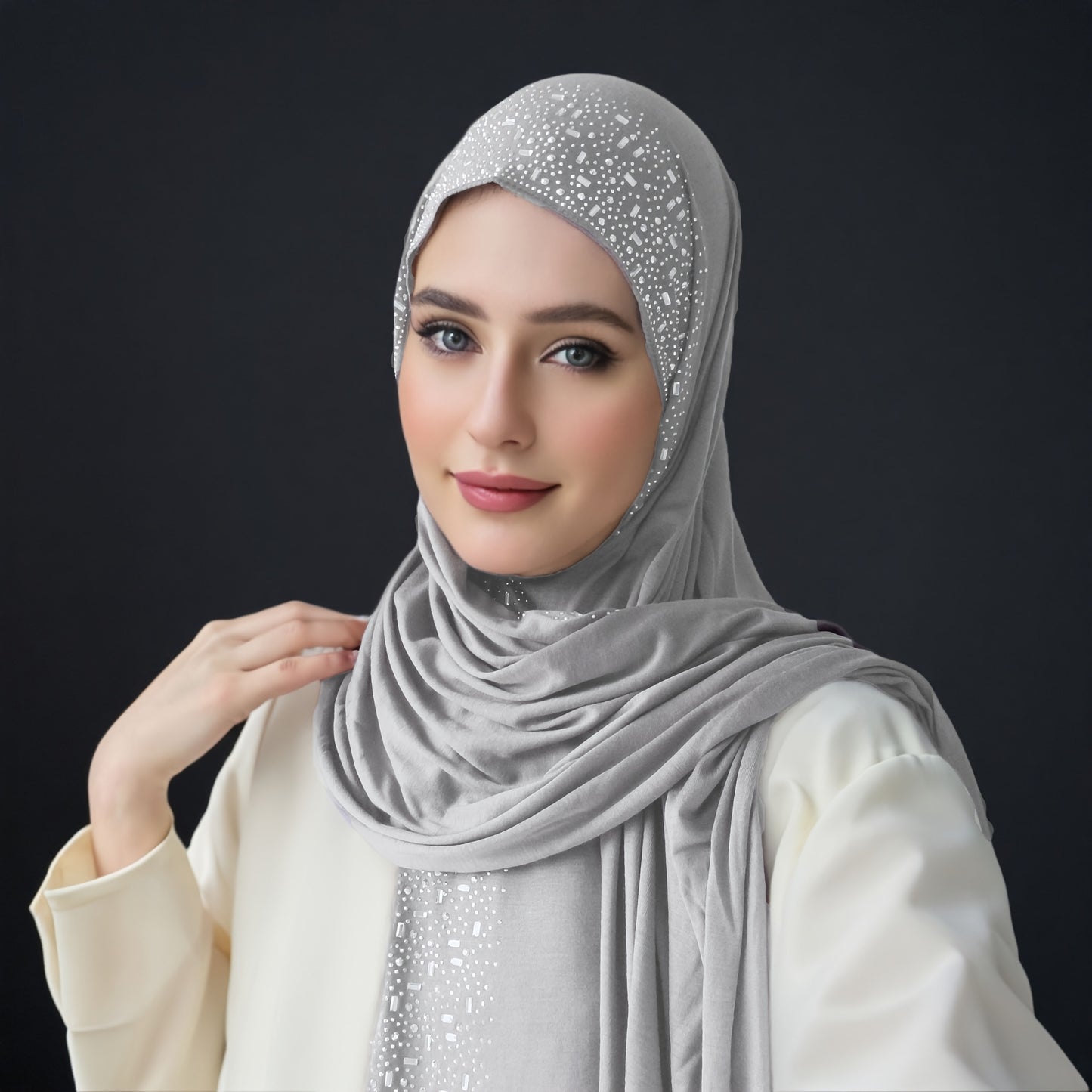 Elegant Black Stretch Bamboo Jersey Hijab Scarf Shawl for Women | Elastic Soft Large Headscarf with Sparkling Rhinestone Trim, Hand Washable Muslim Woven Head Cover & Hair Accessory, Modest Fashion