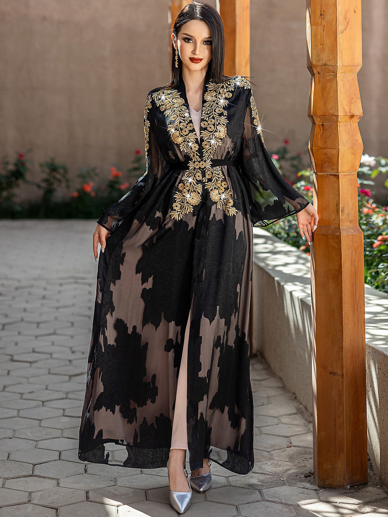 Two-Piece Black and Golden Embroidered Abaya with Belt - Elegant Long Sleeve, Flowing Ethnic Style, Non-Stretch Fabric, Perfect for Spring/Summer, Cultural Attire|Elegant Abaya|Satin Finish