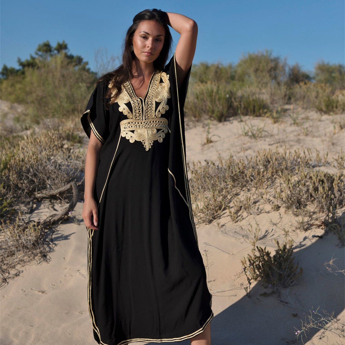Long Sleeve V-Neck Caftan Dress - Geometric Embroidery Loose Fit Beach Cover-Up