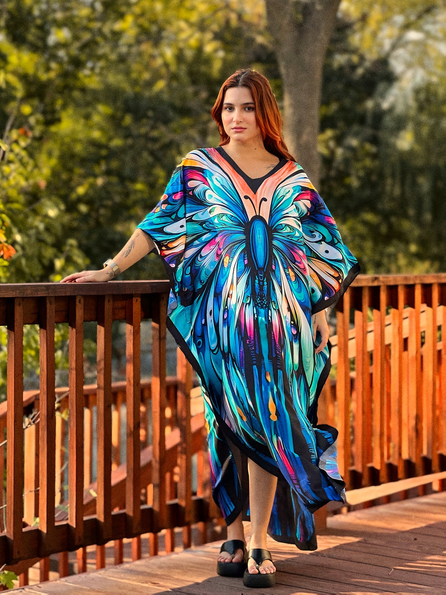 Kaftan Dresses For Women Bohemian Printed V-neck Beach Coverup Batwing Sleeves Kaftan Robe Casual Home Vacation Swimwear Coverup Ethnic Style Dress
