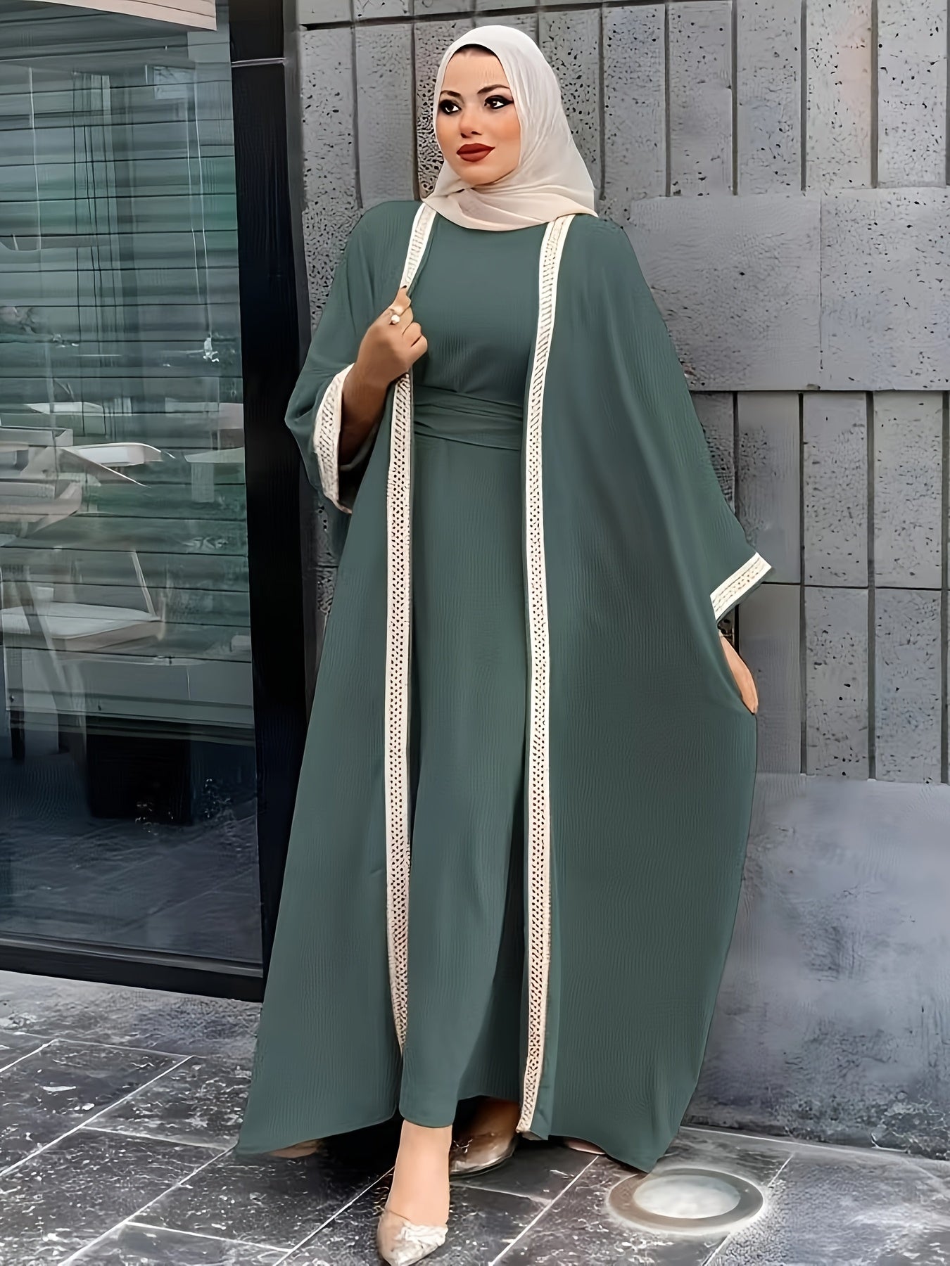 Saudi Arabian Muslim Women's Modest Dress for Eid Dubai Solid Color Arabic Abaya | Islamic Holiday Party Solid Color Turkish Style Long Dress Two-Piece Set | Fashionable Women's Wear