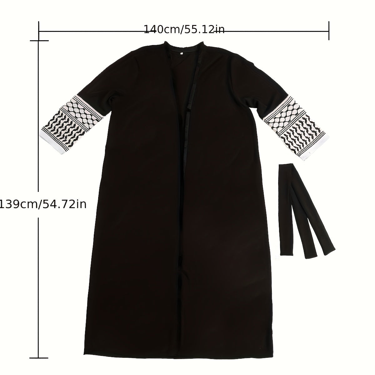 1pc Elegant Vintage Embroidered Arabic Abaya with Belt & Pockets - Black & White Geometric Pattern, Intricate Embroidery, Polyester All-Season Wear for Women, Ramadan
