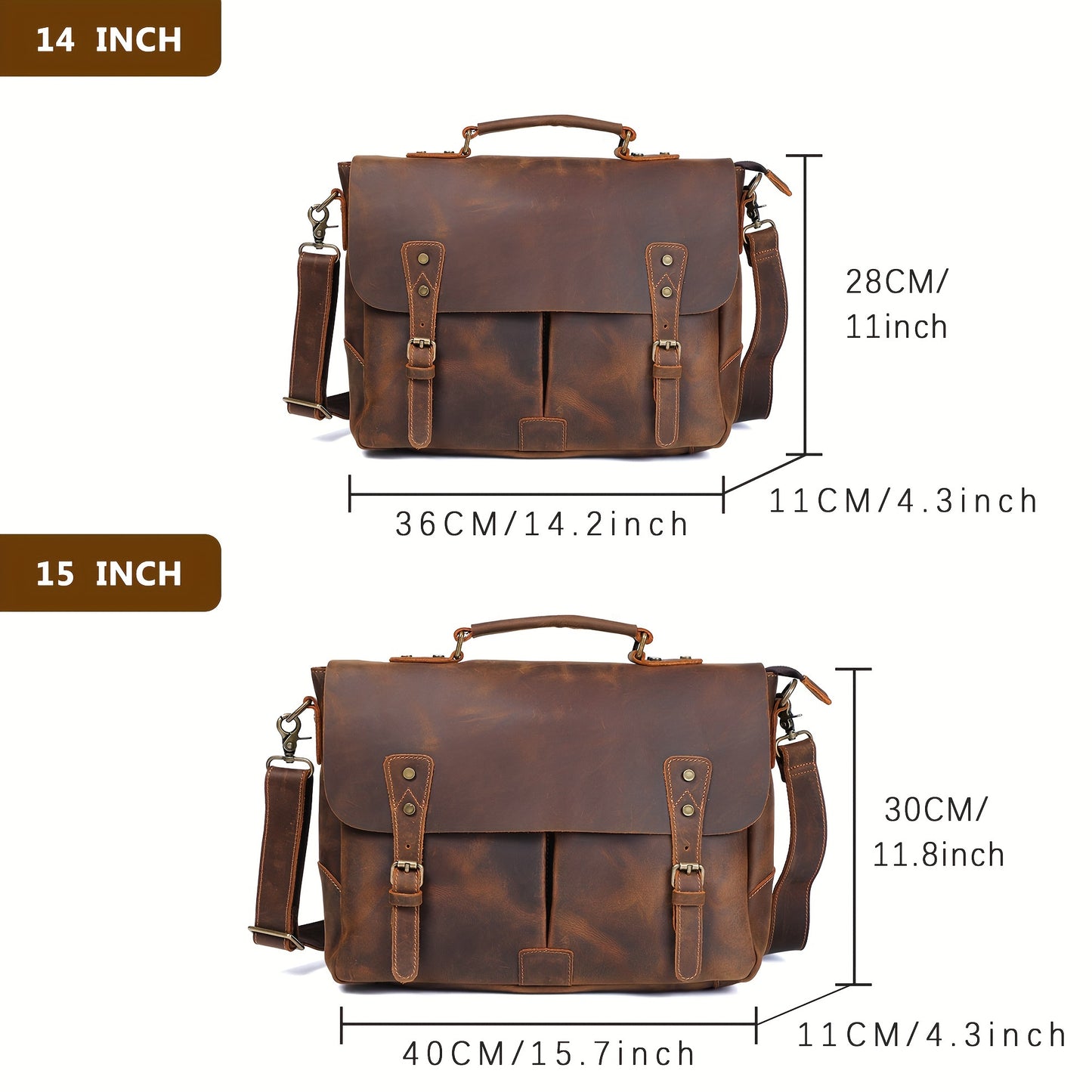 Vintage Brown Cowhide Men's Vintage Genuine Leather Messenger Bag - Adjustable Strap, Multiple Compartments, Zipper Closure, Distressed Finish, Functional Design