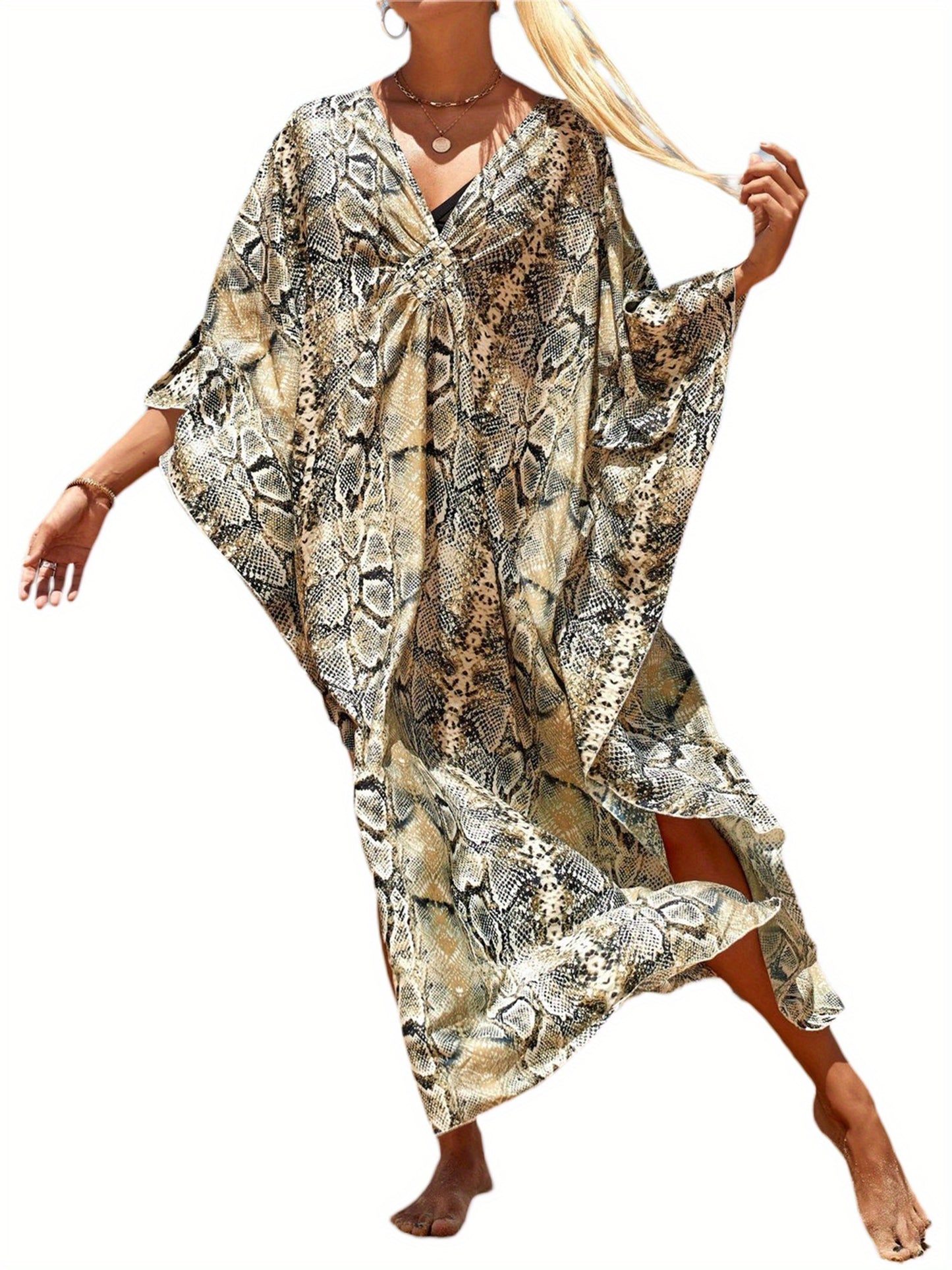 Women's Plus Size Viscose Kaftan Bikini Cover Up Dress - Casual V-Neck Long Sleeve Beach Sun Protection Smock with Random Print Design for Summer Outings, Casual Wear | Patterned Kaftan | Viscose Fabric