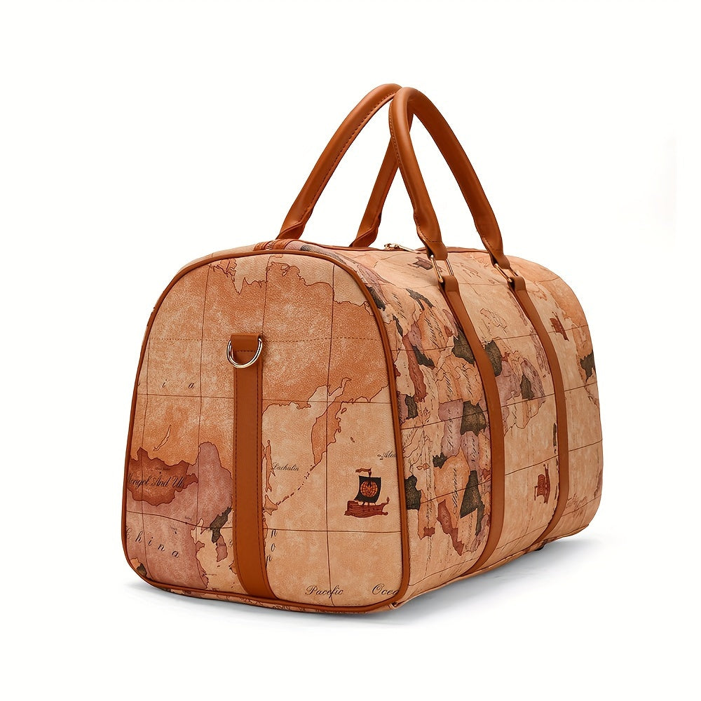 Vintage Leather Map Design Travel Duffel Bag, Large Capacity Luggage with Zipper Closure, Polyester Lined, Edge Painted - Hand Wash/Dry Clean Only, Secure Storage Bag | Retro Style Suitcase | Bag, Luggage for Travel