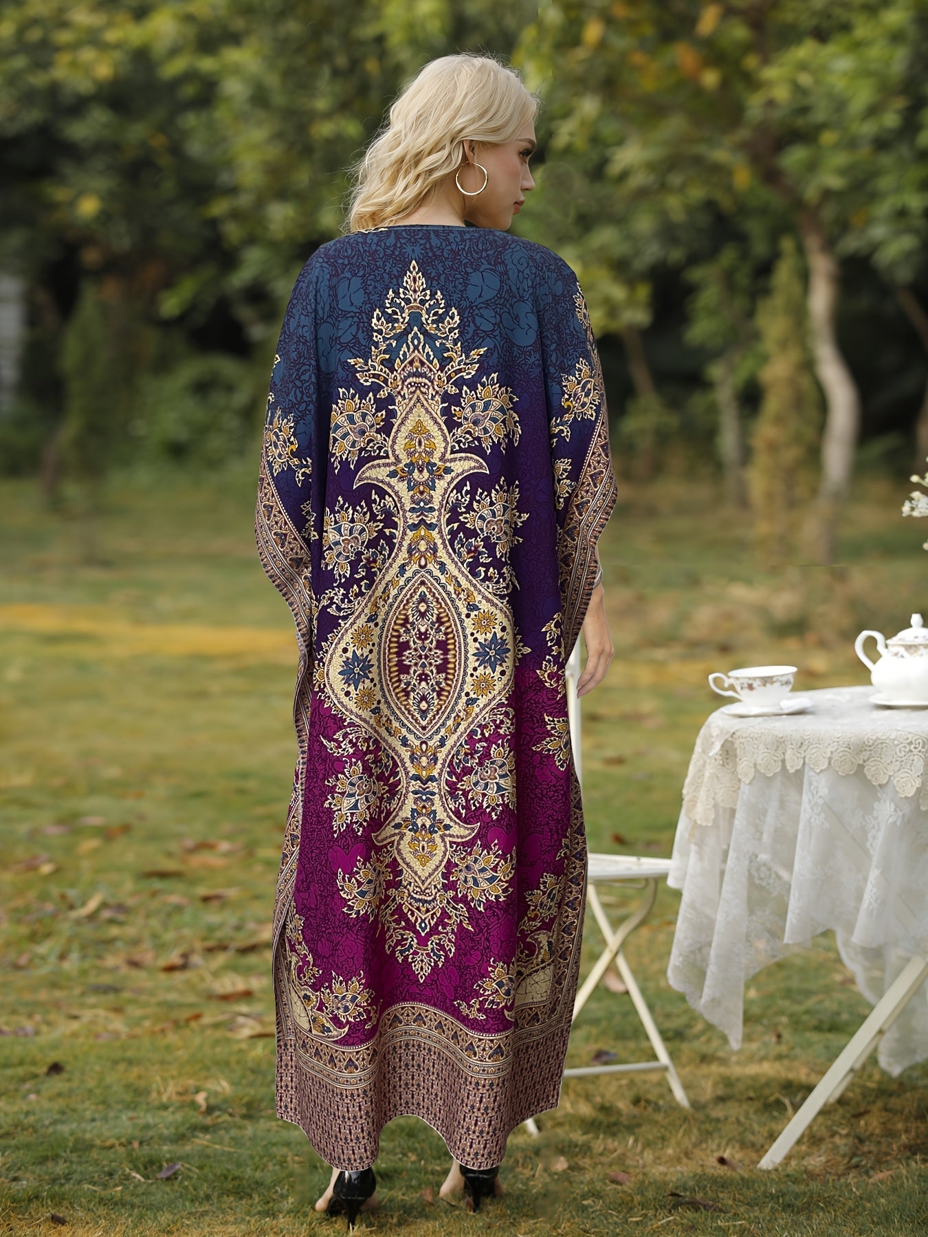Plus Size, European and American Plus Size Women's Bohemian Vacation Dress with Middle Eastern Kaftan Abaya Style