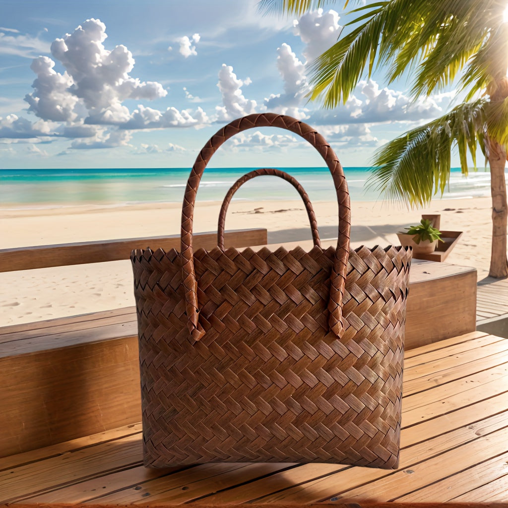 One Piece, Hand-Woven Handbag Handheld Versatile Women's Bag, Suitable for Vacation, Imitation Rattan Design, Tote Bag Style