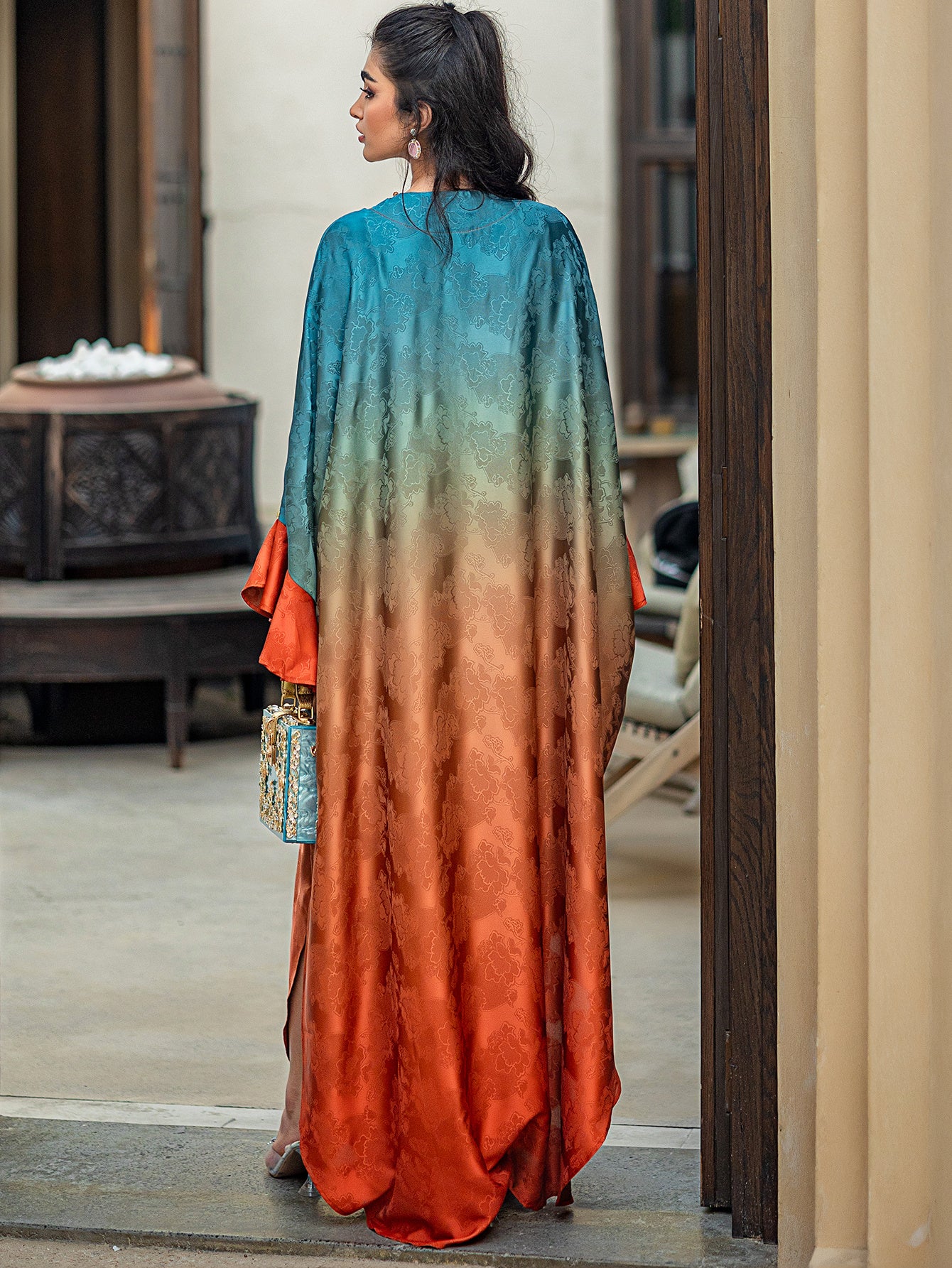Elegant Gradient Abaya Dress with Butterfly Sleeves & Rhinestone Embellishments - Long Length, Solid Color, Regular Fit for All Seasons, Versatile Fashion | Gradient Abaya | Nonstretch Fabric