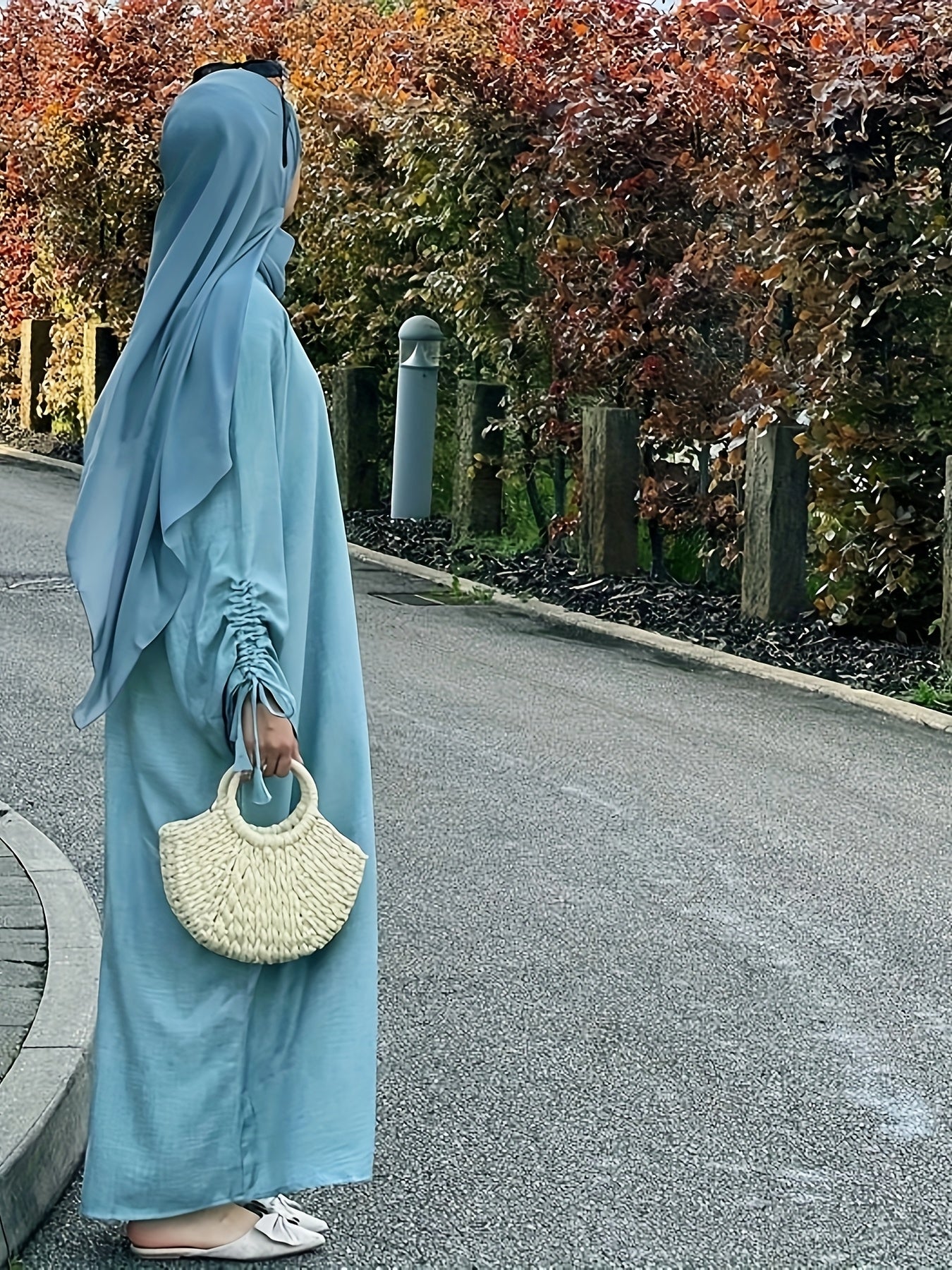 1 Luxury Satin Modest Jibab Abaya Set for Women, 4pcs Muslim Female Ramadan Prayer Dress, Long Robe, Elegant Open Breathable Abaya, Top, Pants and Matching Headscarf, Middle Eastern Arabic Malaysia Islamic Women, Eid al-Adha Gift R